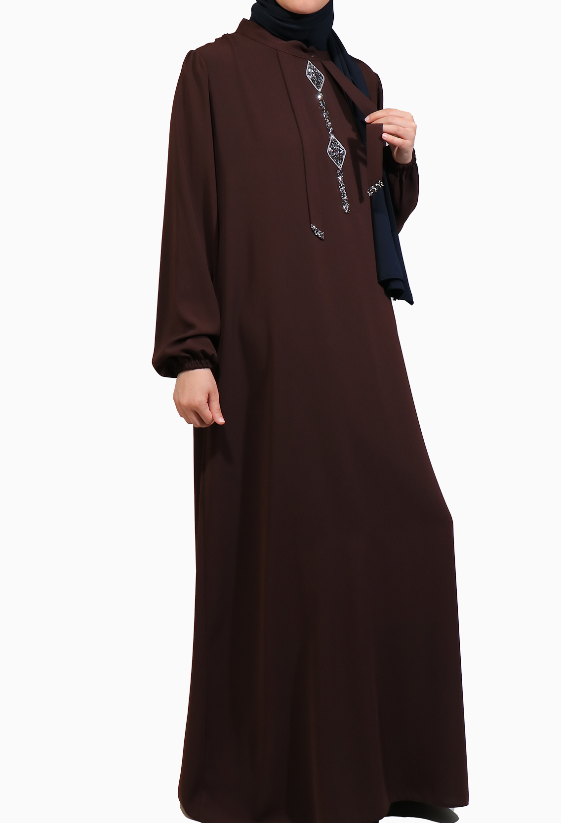 TAŞLI ÇAN ELBİSE MEDİNE İPEĞİ -KAHVE  Elbise