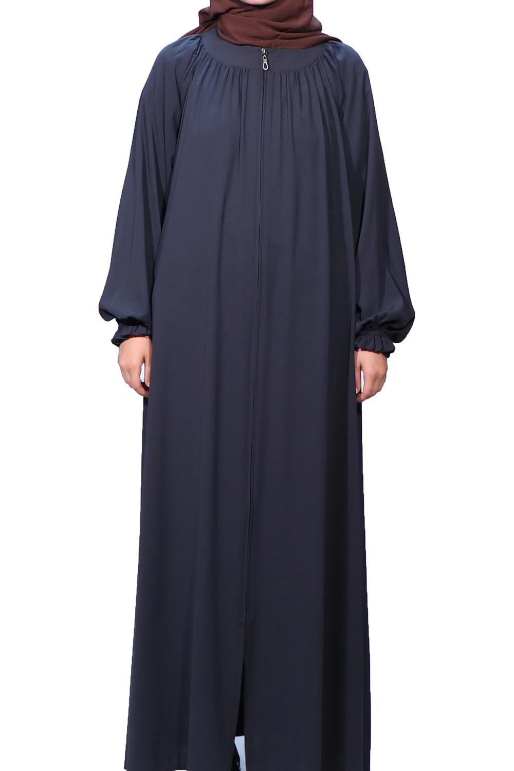 Yakadan Büzgülü Ferace Medine İpeği- Kahve Ferace