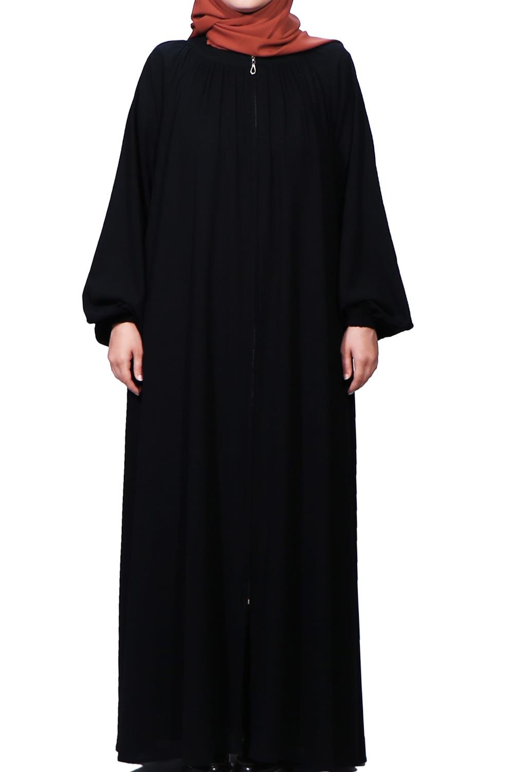 Yakadan Büzgülü Ferace Medine İpeği - Siyah Ferace