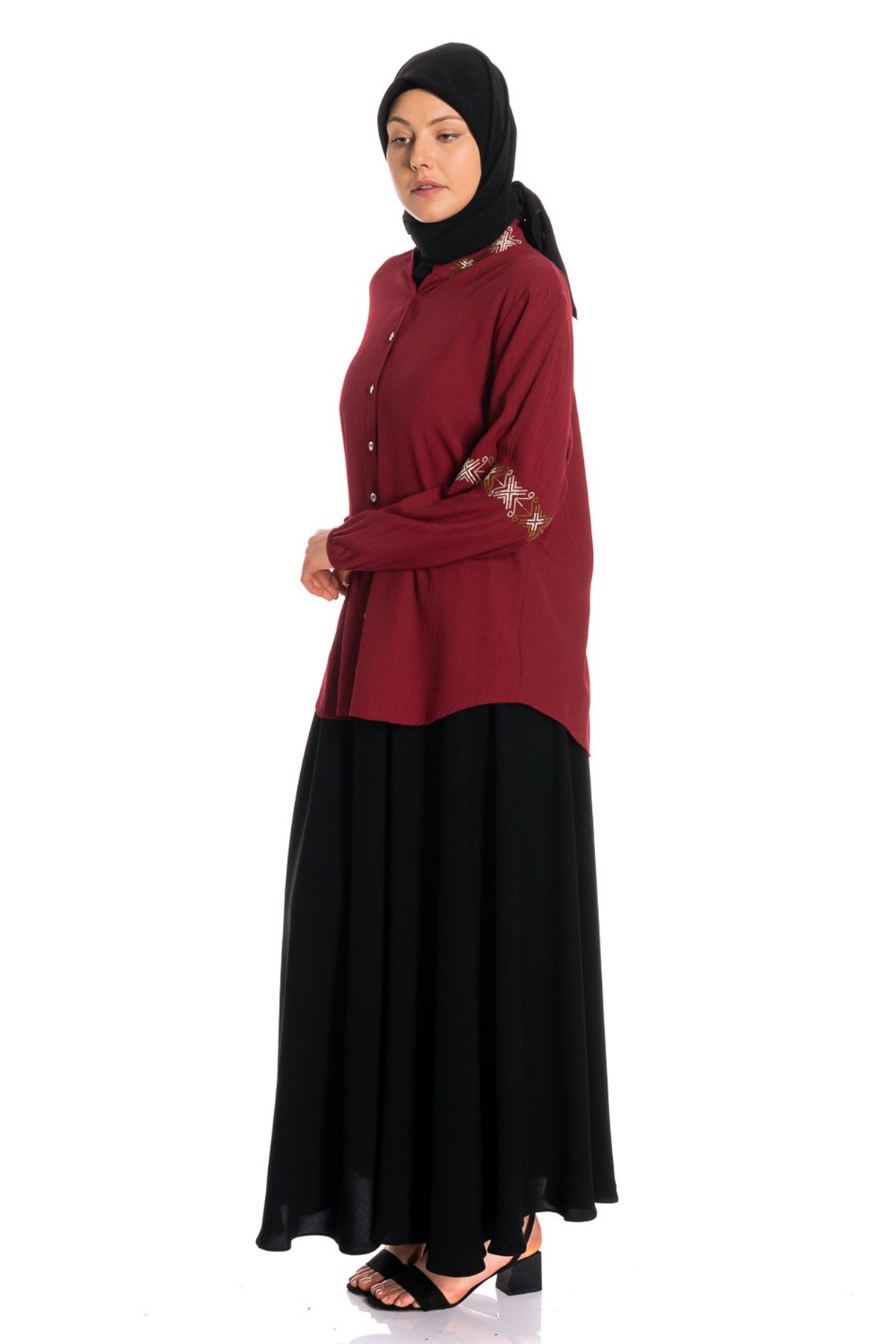 Yakası Kolu Nakışlı Bordo Gömlek Gömlek