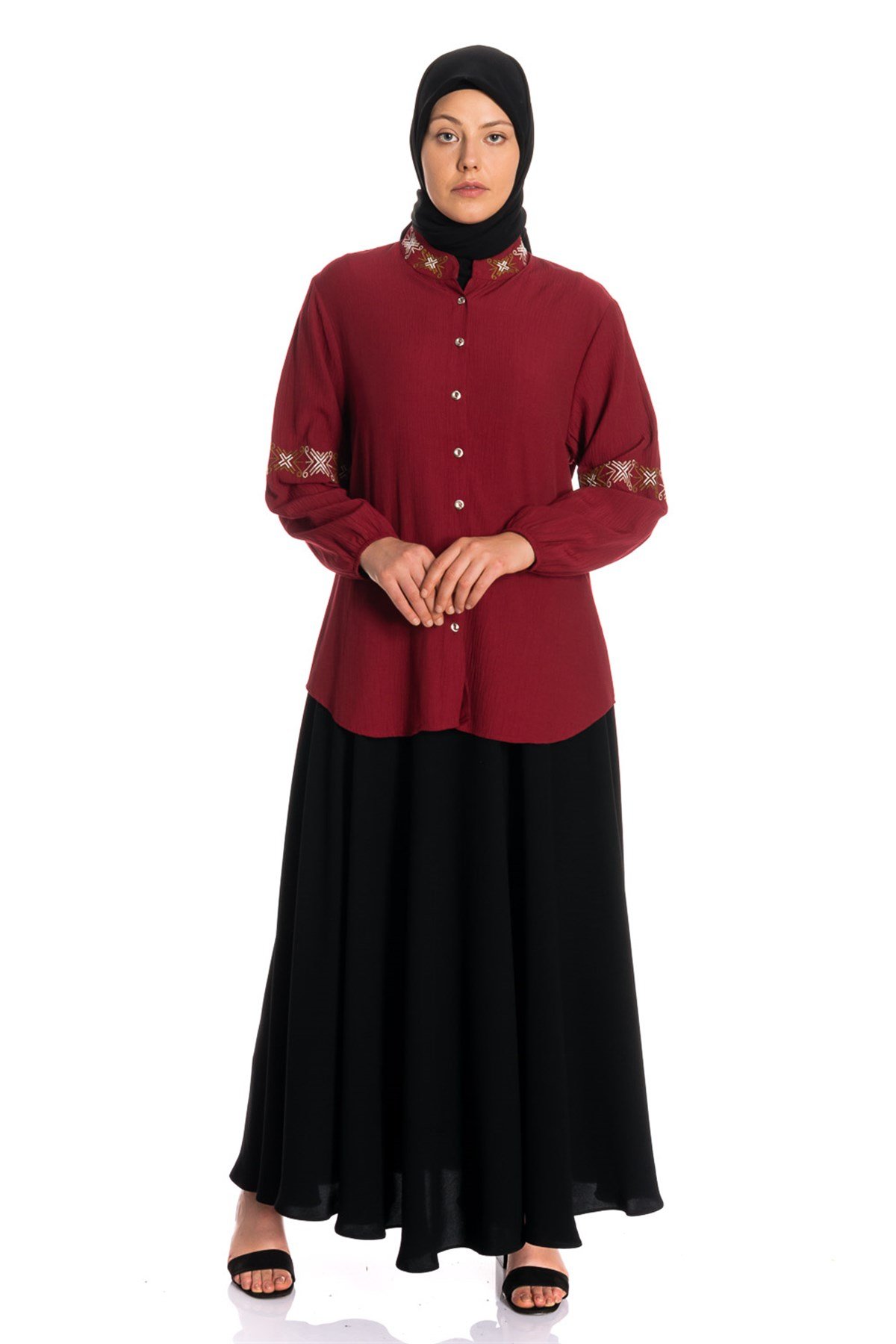 Yakası Kolu Nakışlı Bordo Gömlek Gömlek