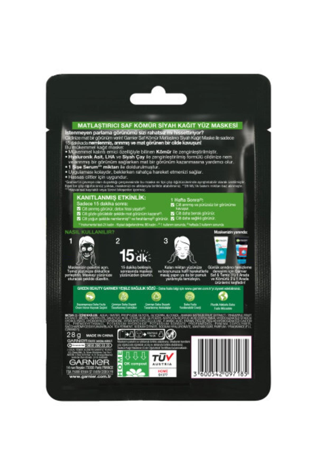 Garnier Siyah Çay Kömürlü Kağıt Yüz Maskesi