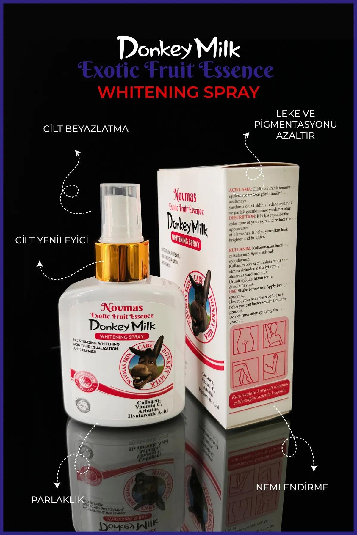 NOVMAS Donkey Milk Cilt Beyazlatıcı Sprey, (Genital Bölge, Koltuk Altı, Bikini Bölgesi Dirsek) 100ml Pembe