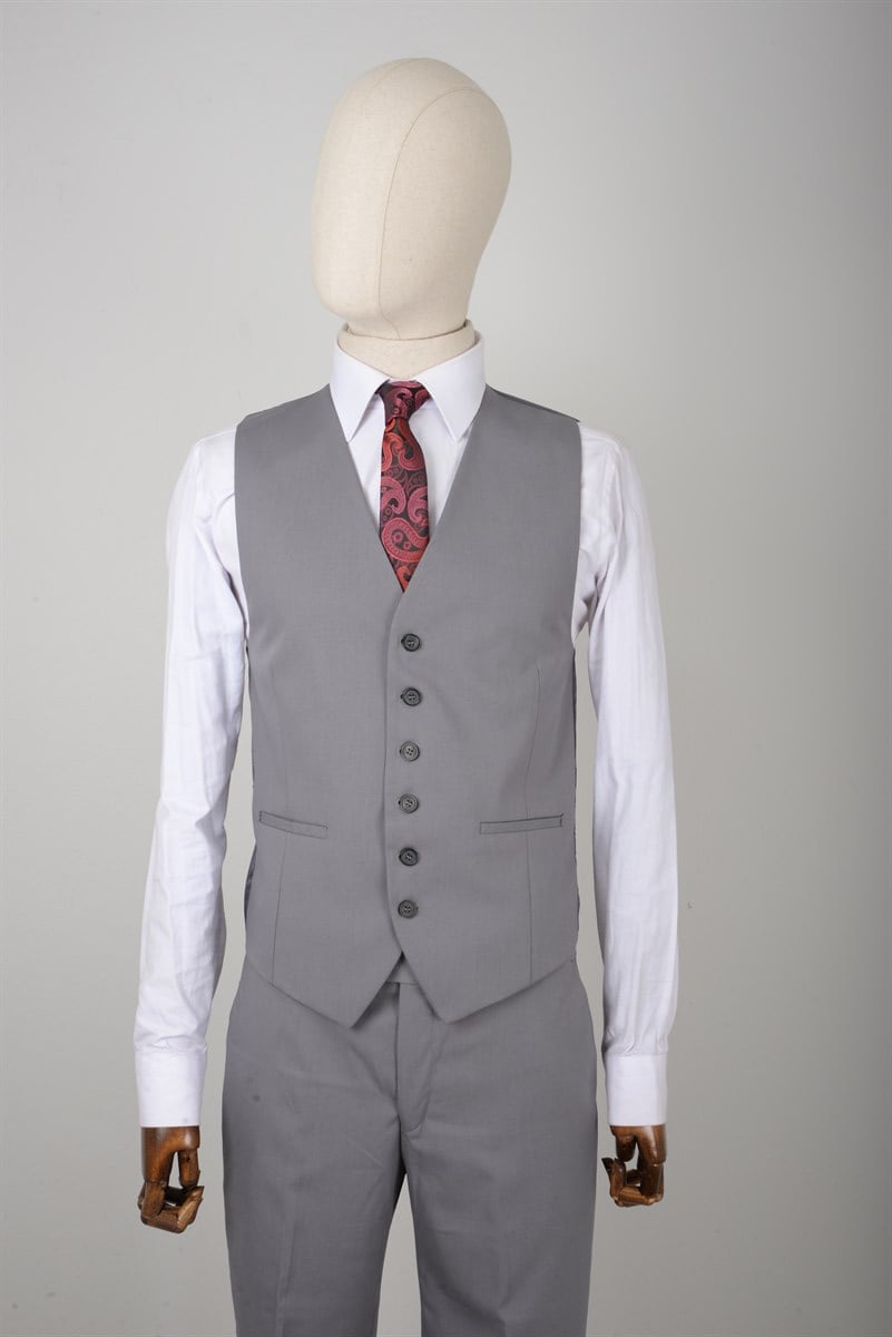  MASERTO Slim Fit Açık Gri Takım Elbise Düz Desenli