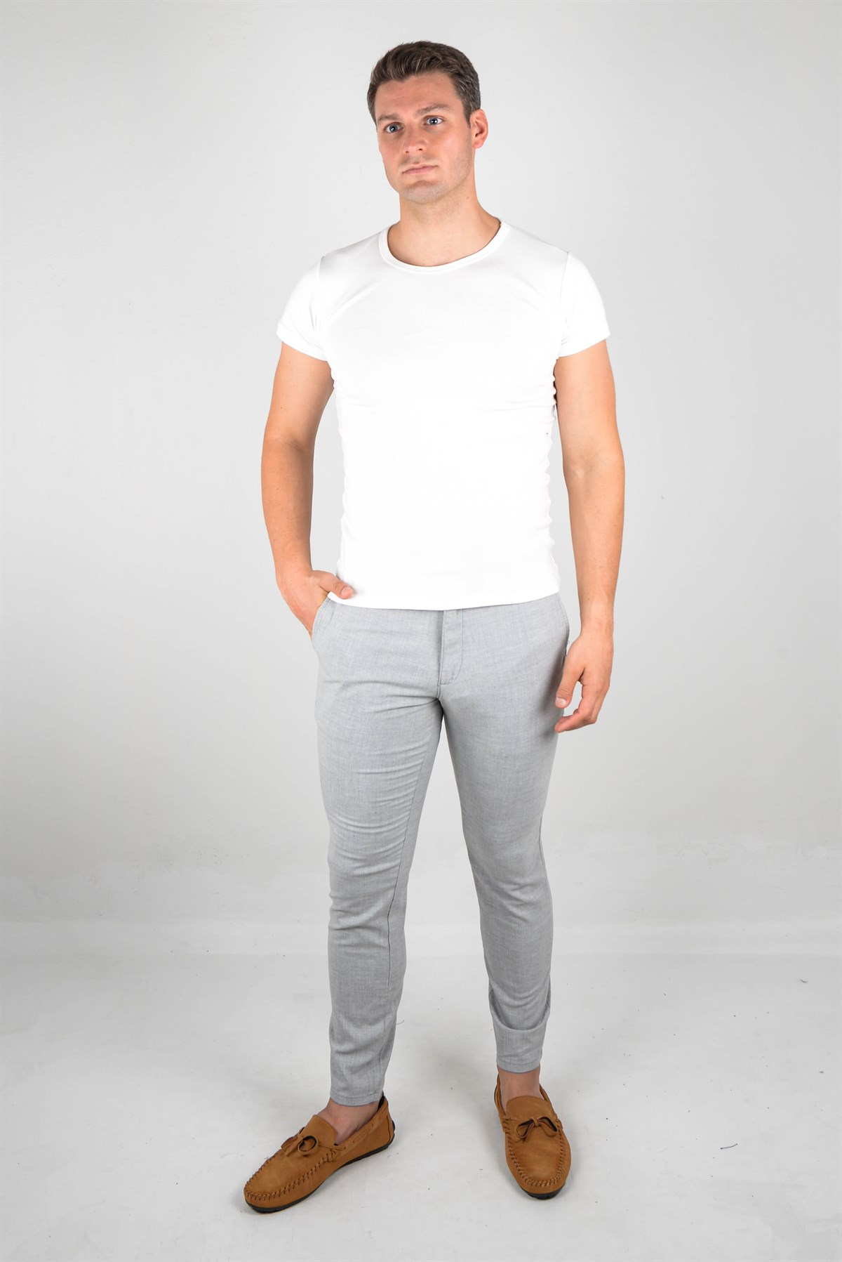 Maserto Açık Gri Skinny Fit Pantolon Düz Desenli