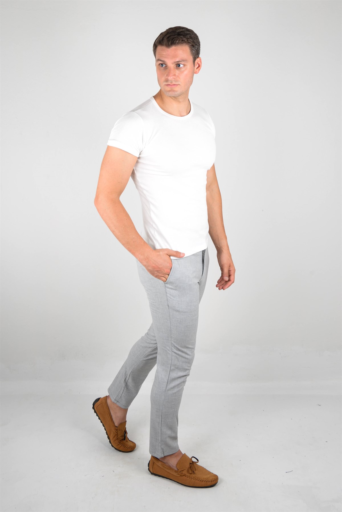 Maserto Açık Gri Skinny Fit Pantolon Düz Desenli