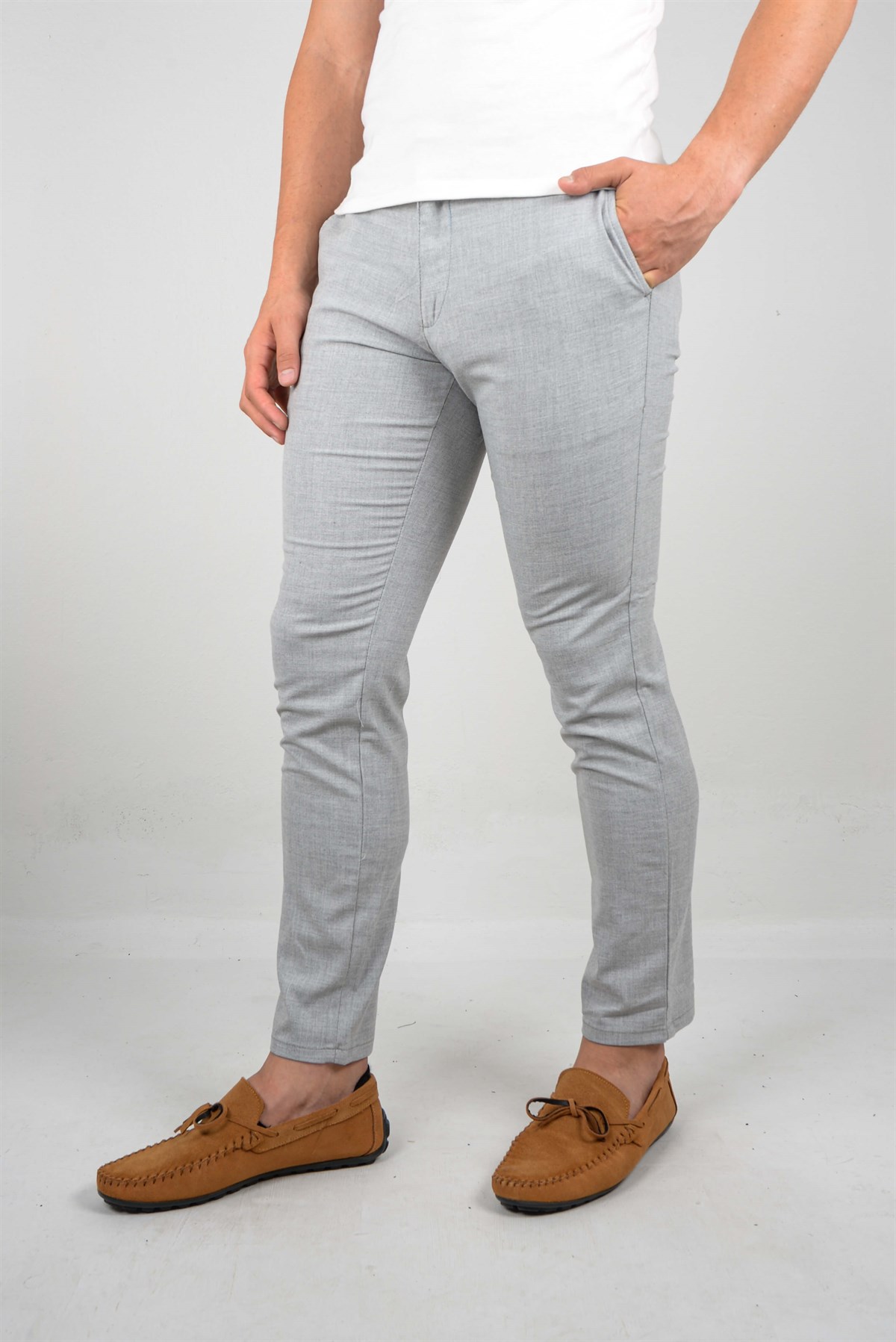 Maserto Açık Gri Skinny Fit Pantolon Düz Desenli