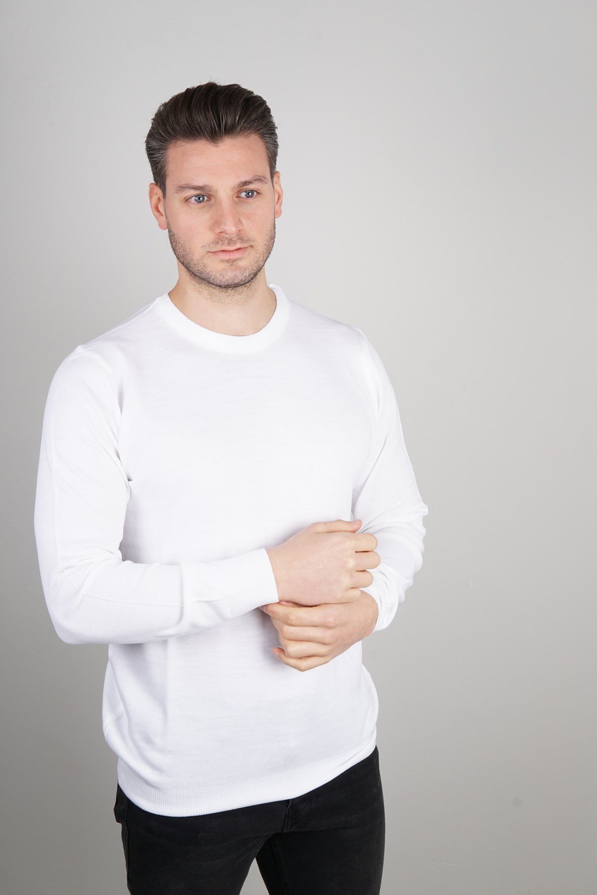 Maserto Beyaz Bisiklet Yaka Tüylenmeyen Triko Kazak