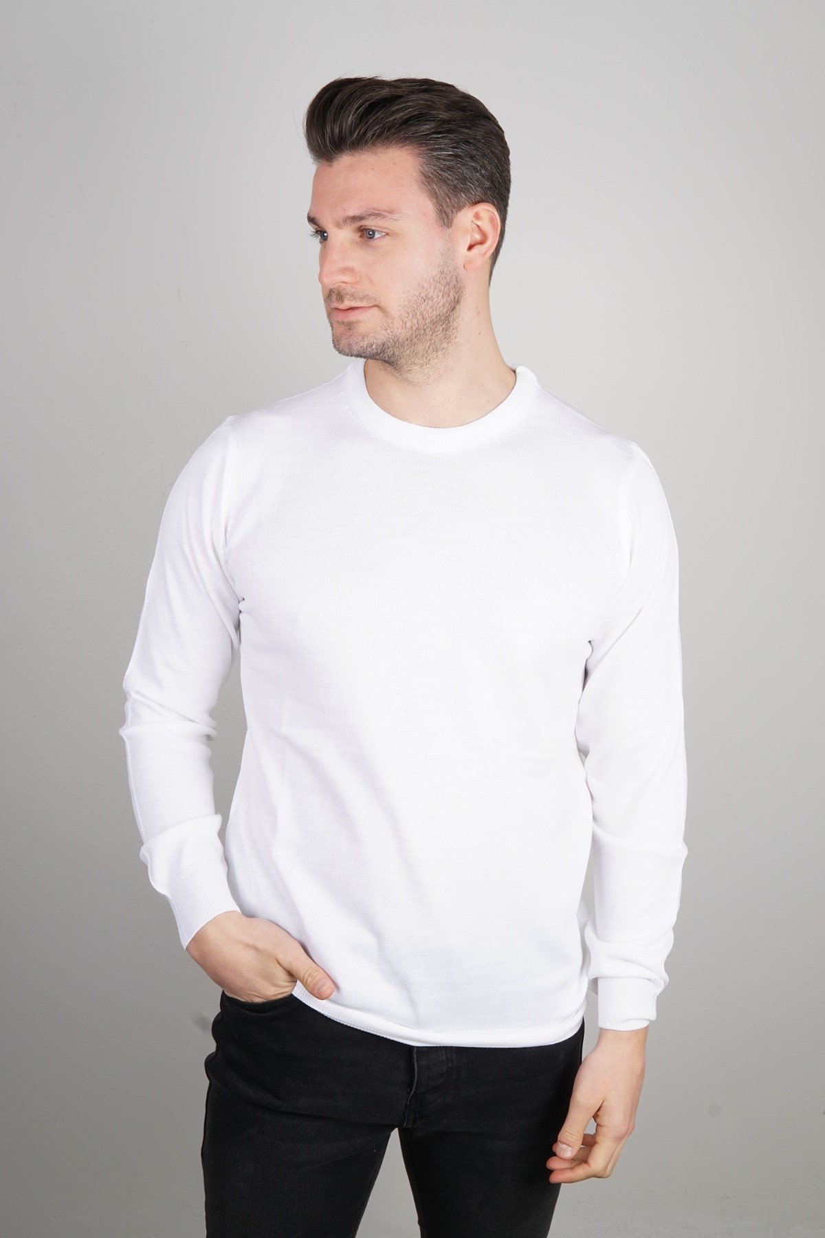 Maserto Beyaz Bisiklet Yaka Tüylenmeyen Triko Kazak