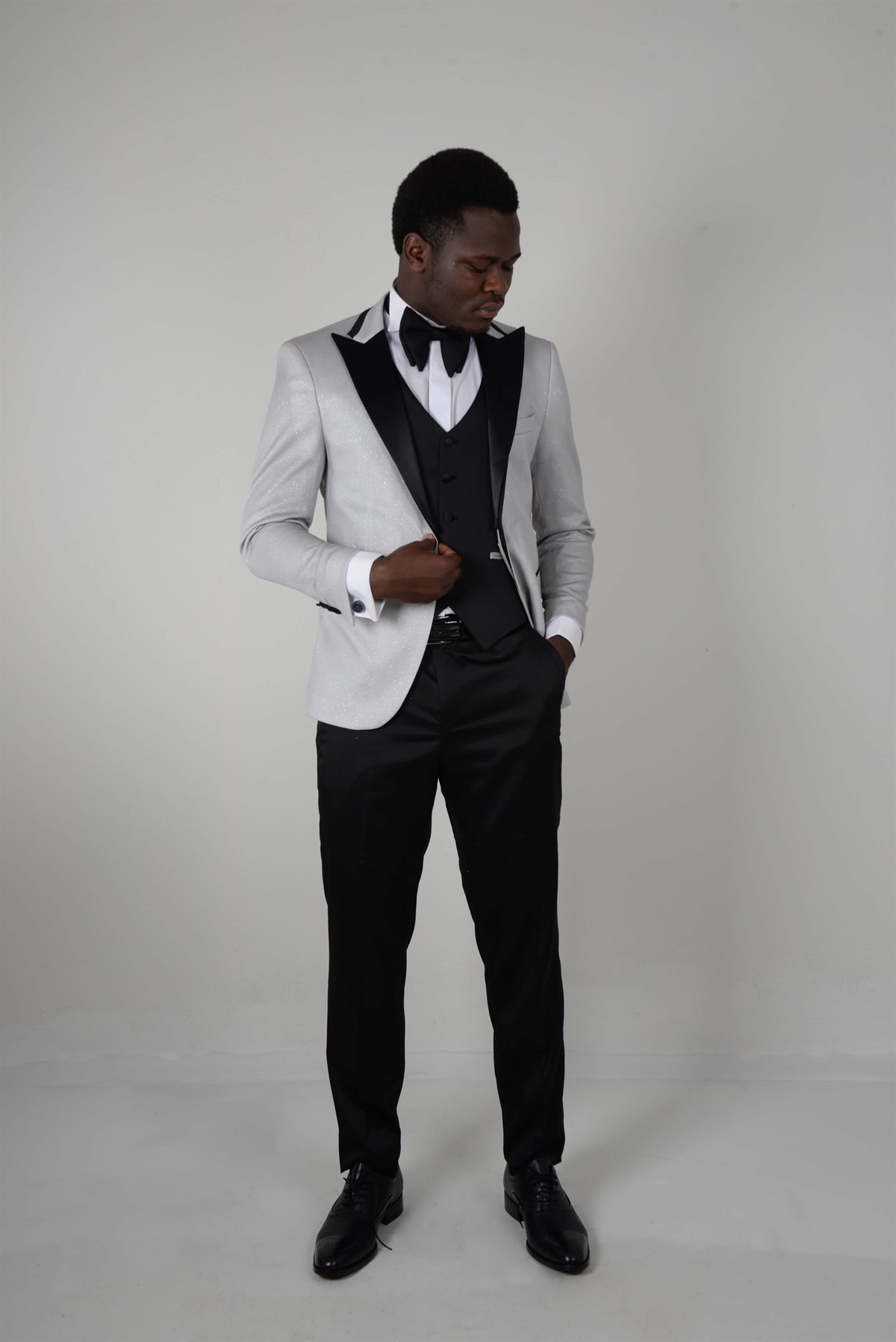 Maserto Beyaz Slim Fit Smokin Parlak Desenli