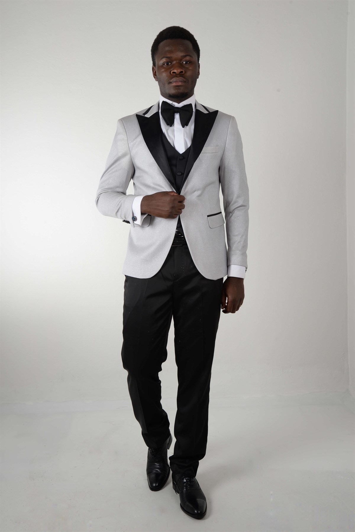 Maserto Beyaz Slim Fit Smokin Parlak Desenli