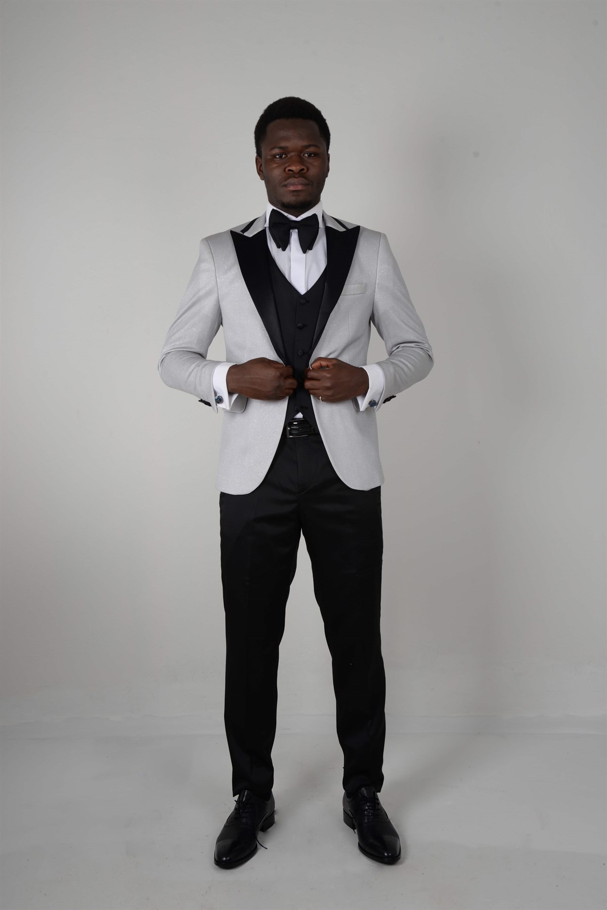 Maserto Beyaz Slim Fit Smokin Parlak Desenli