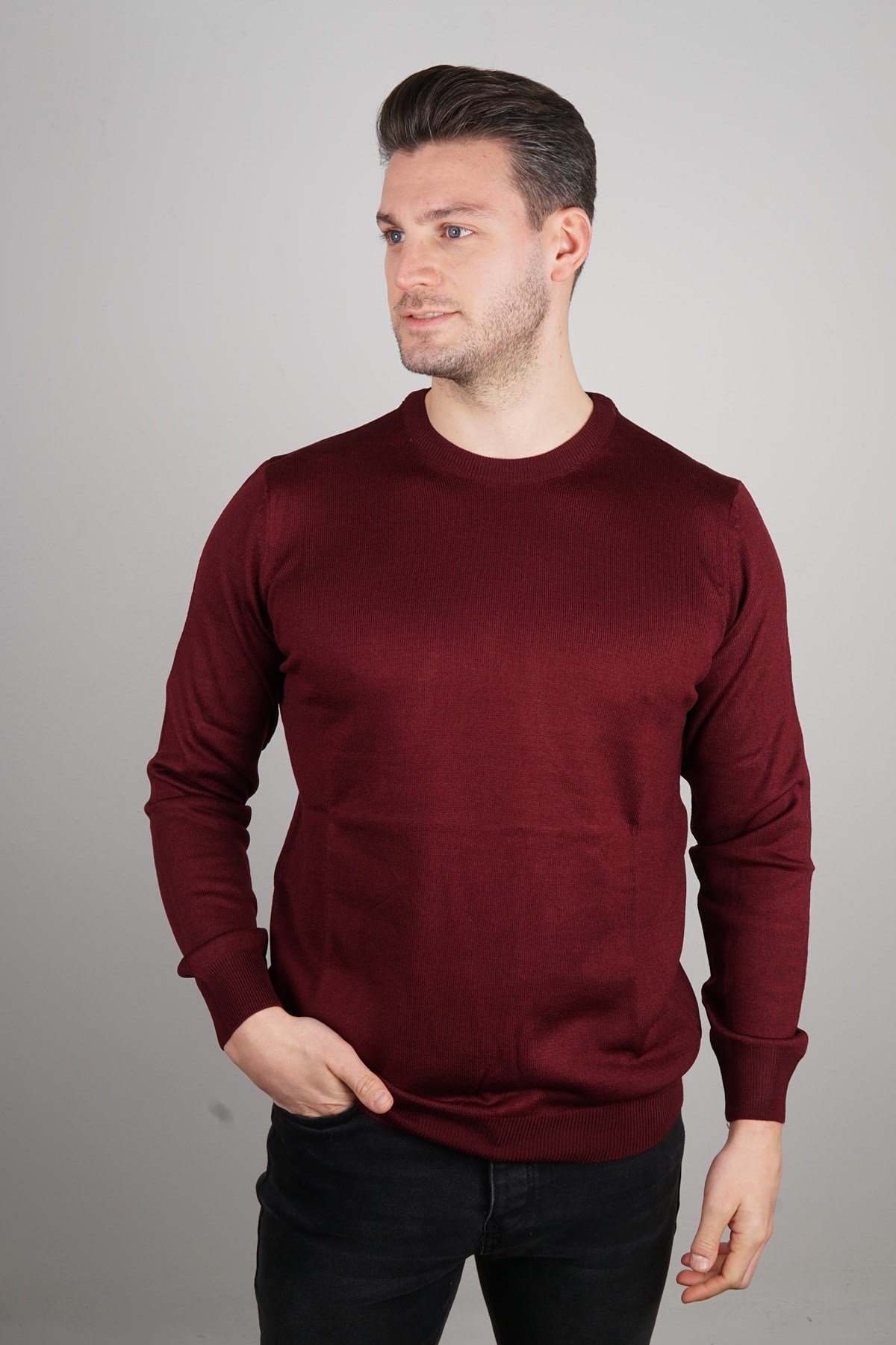 Maserto Bordo Bisiklet Yaka Tüylenmeyen Triko Kazak