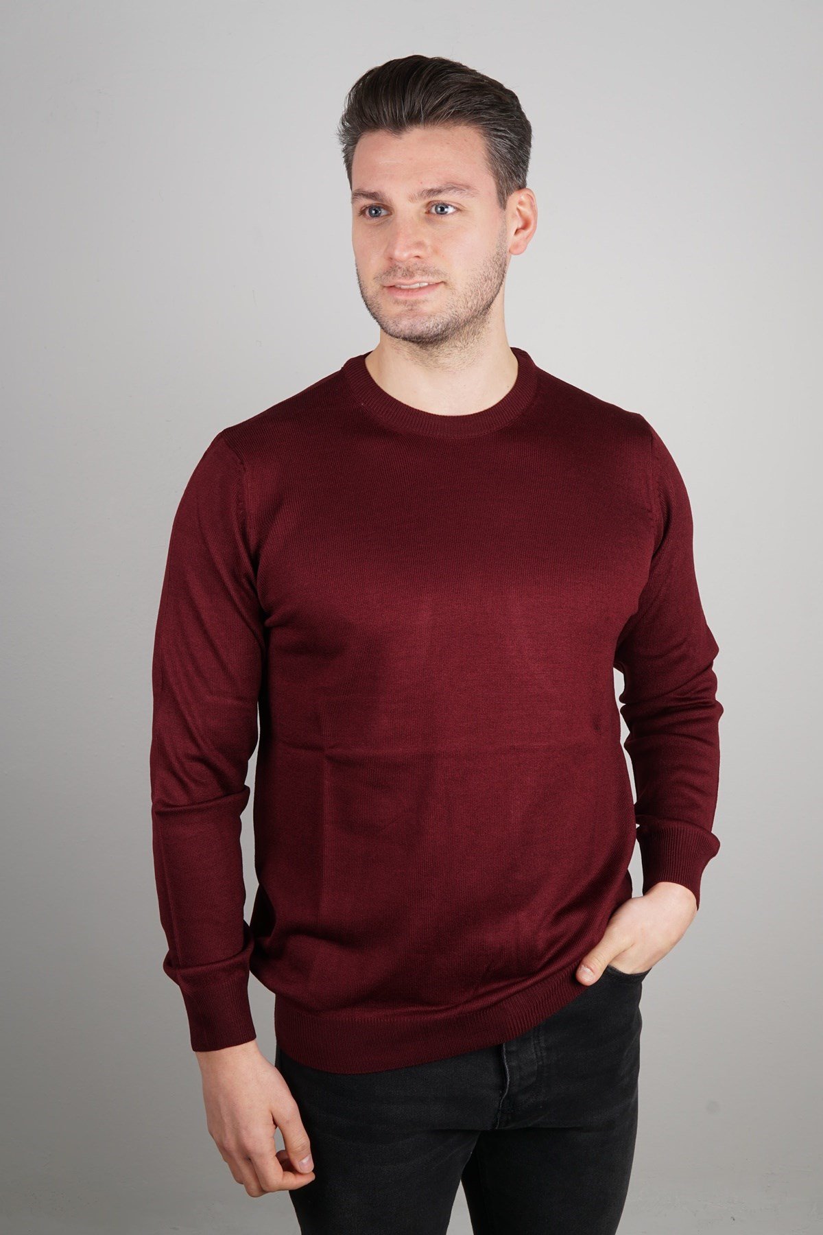 Maserto Bordo Bisiklet Yaka Tüylenmeyen Triko Kazak