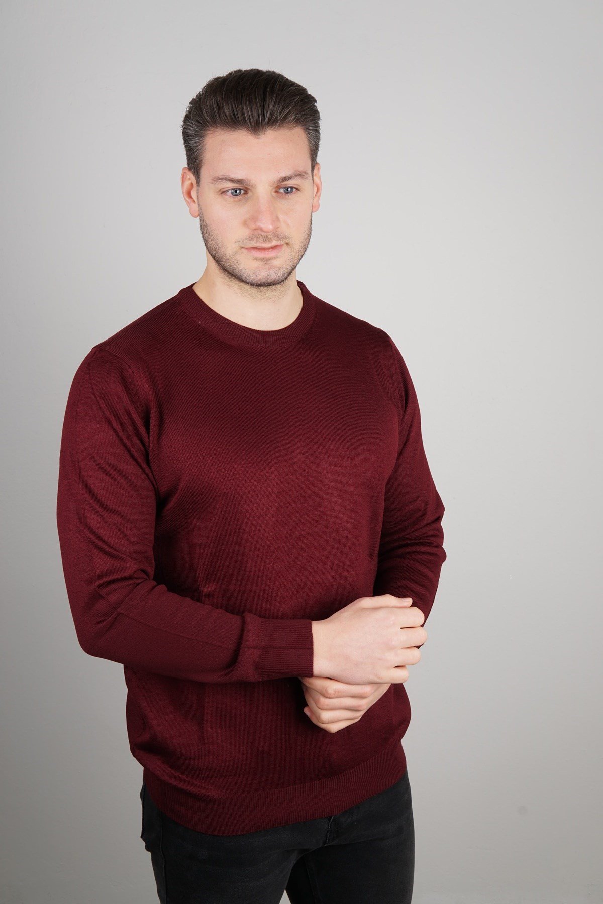 Maserto Bordo Bisiklet Yaka Tüylenmeyen Triko Kazak