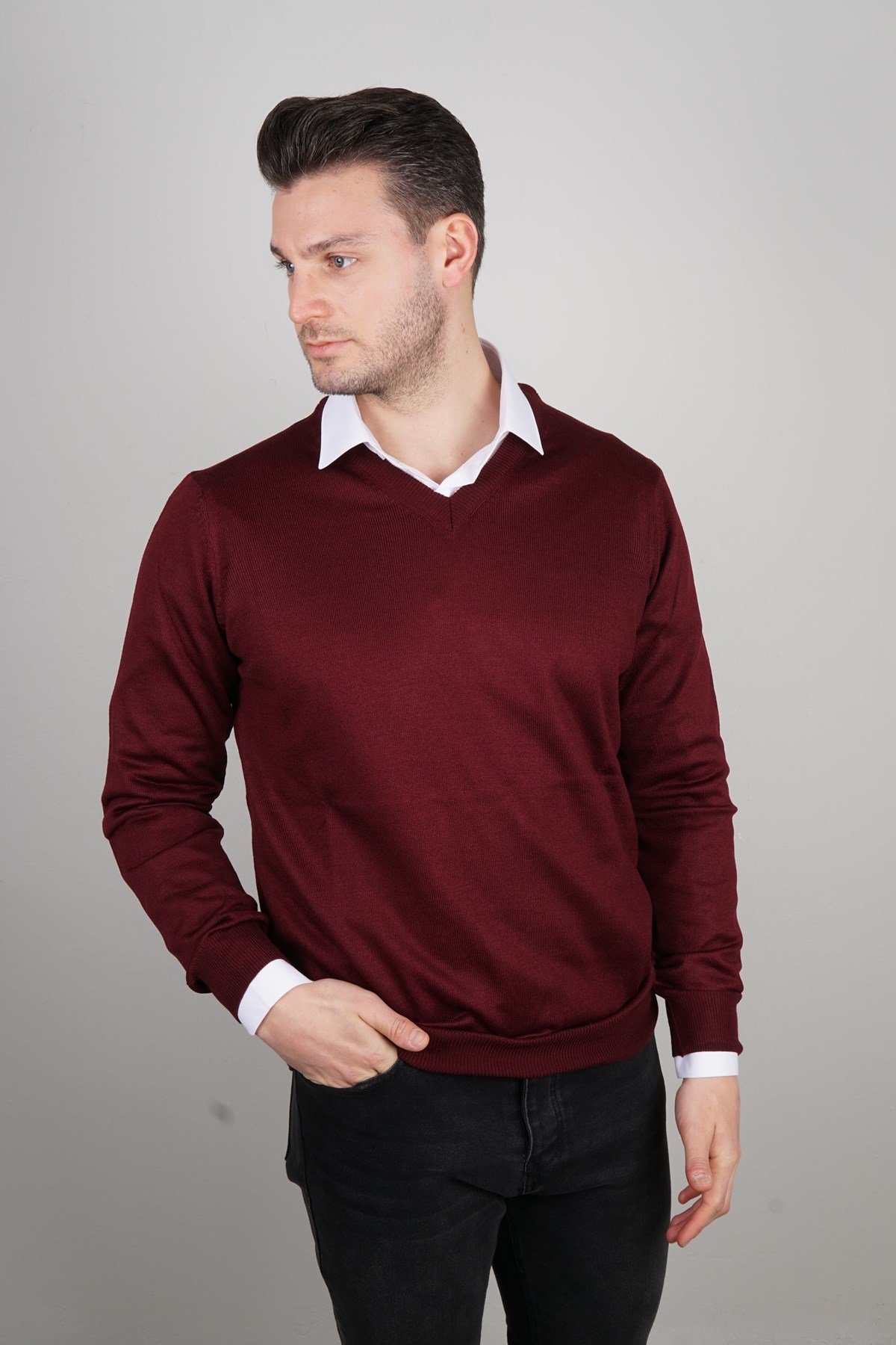 Maserto Bordo V Yaka Tüylenmeyen Triko Kazak