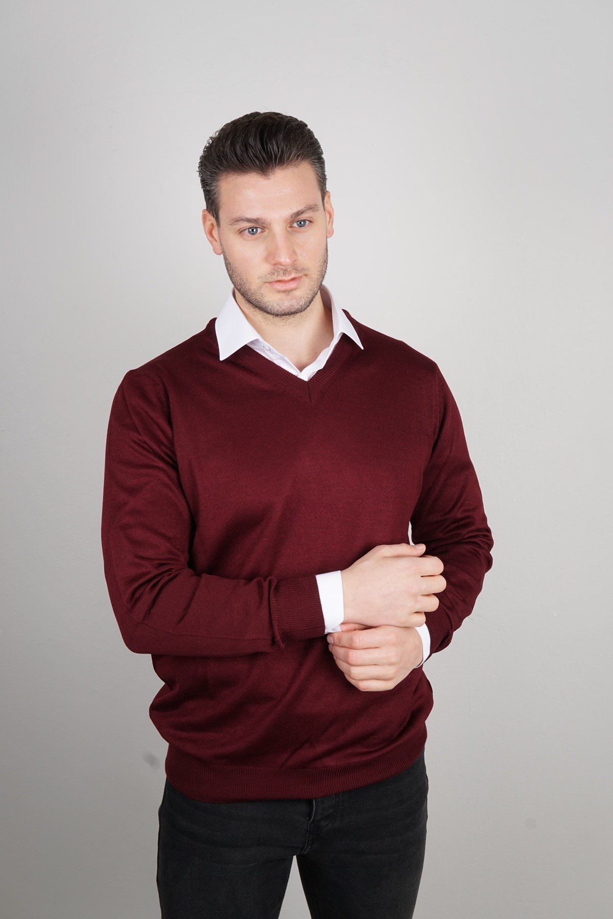 Maserto Bordo V Yaka Tüylenmeyen Triko Kazak