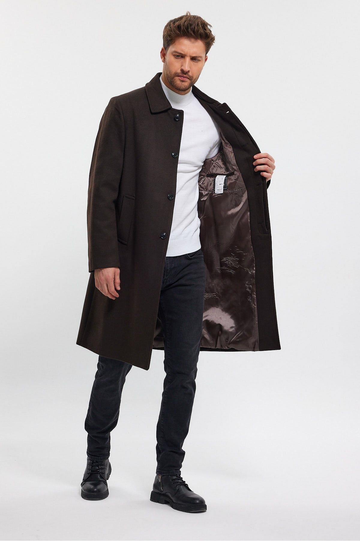 Maserto Erkek Koyu Kahverengi Uzun Regular Kaşe Kaban | maserto.com