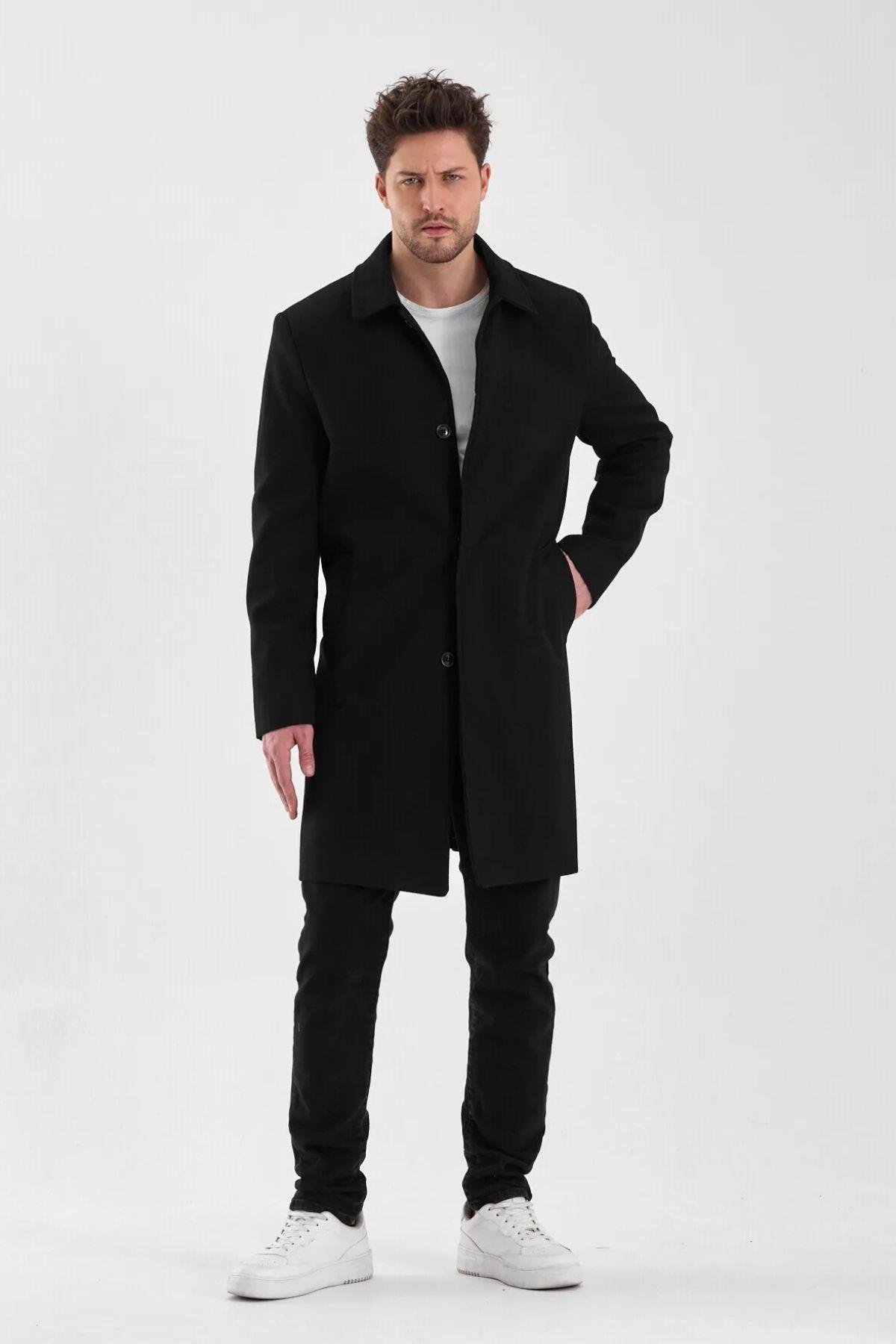 Maserto Erkek Siyah Kaşe Kaban Düzen Desenli