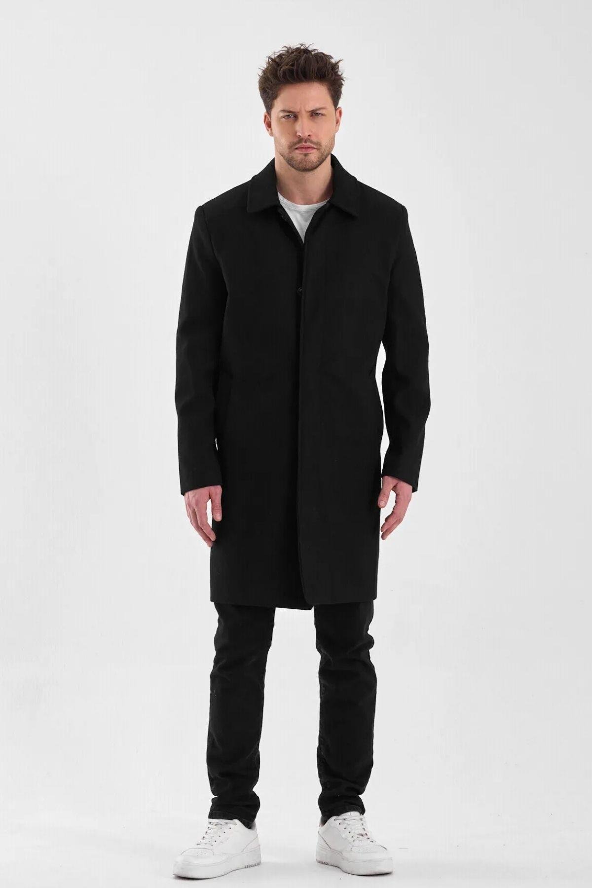 Maserto Erkek Siyah Kaşe Kaban Düzen Desenli