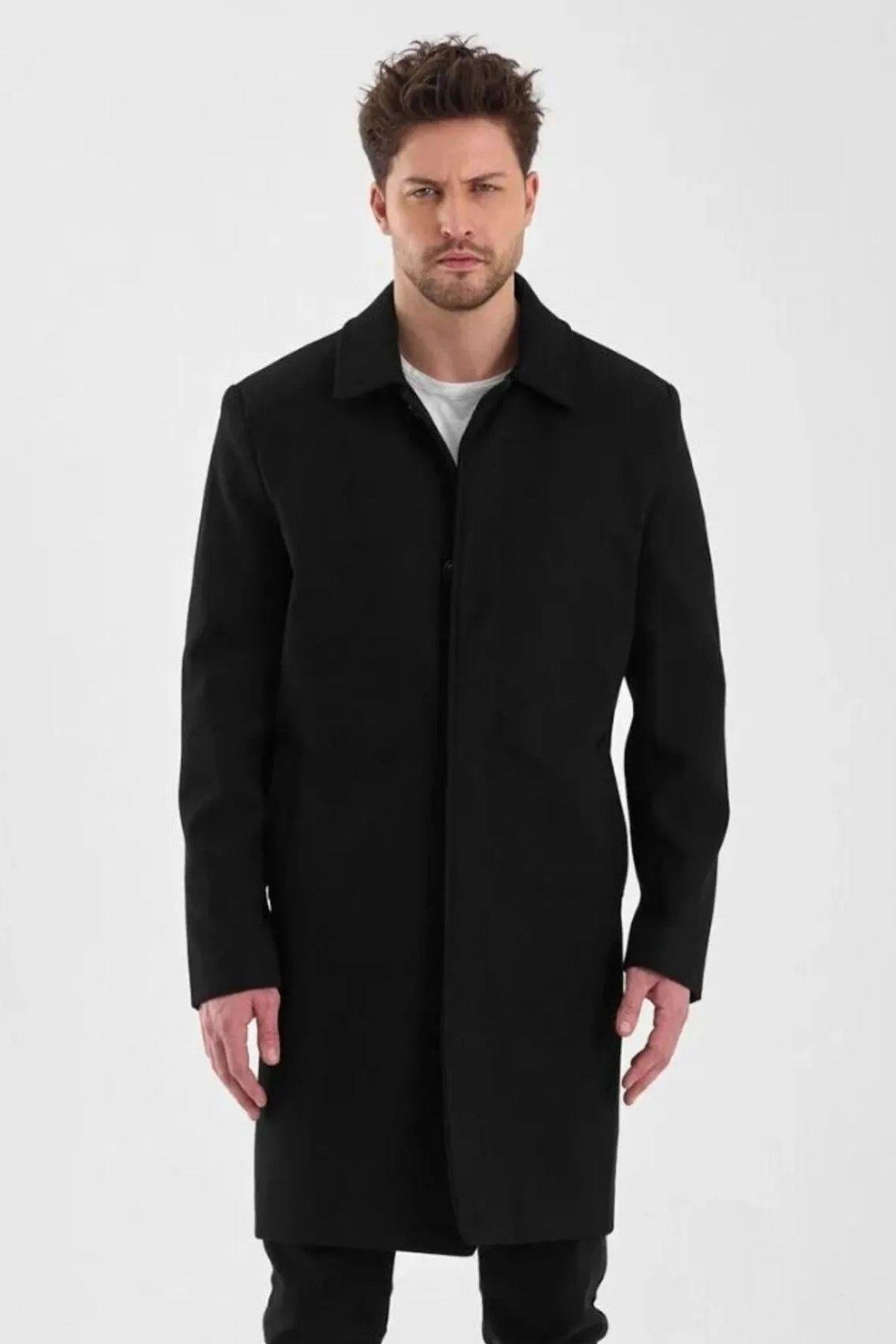 Maserto Erkek Siyah Kaşe Kaban Düzen Desenli