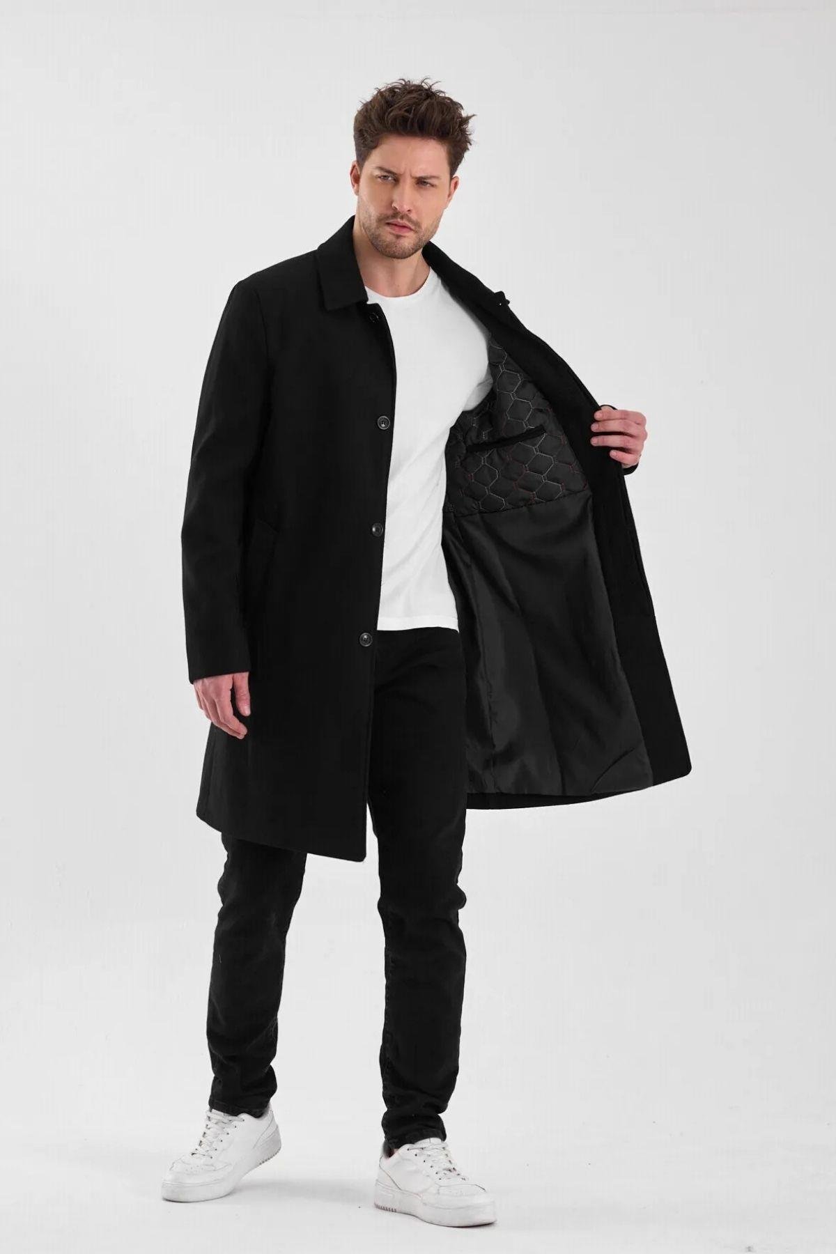 Maserto Erkek Siyah Kaşe Kaban Düzen Desenli