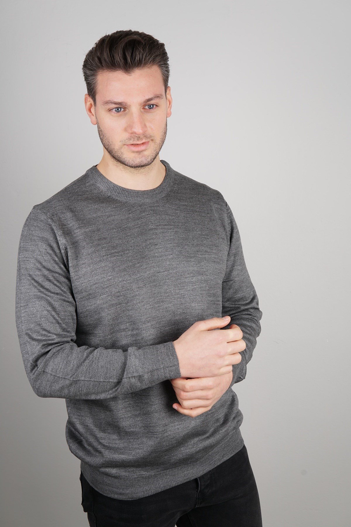 Maserto Gri Bisiklet Yaka Tüylenmeyen Triko Kazak