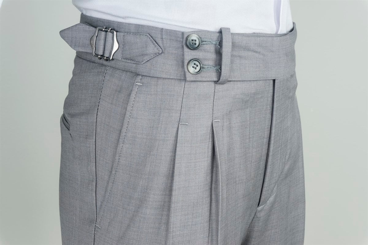 Maserto Gri Kemer Detaylı Pantolon Düz Desenli