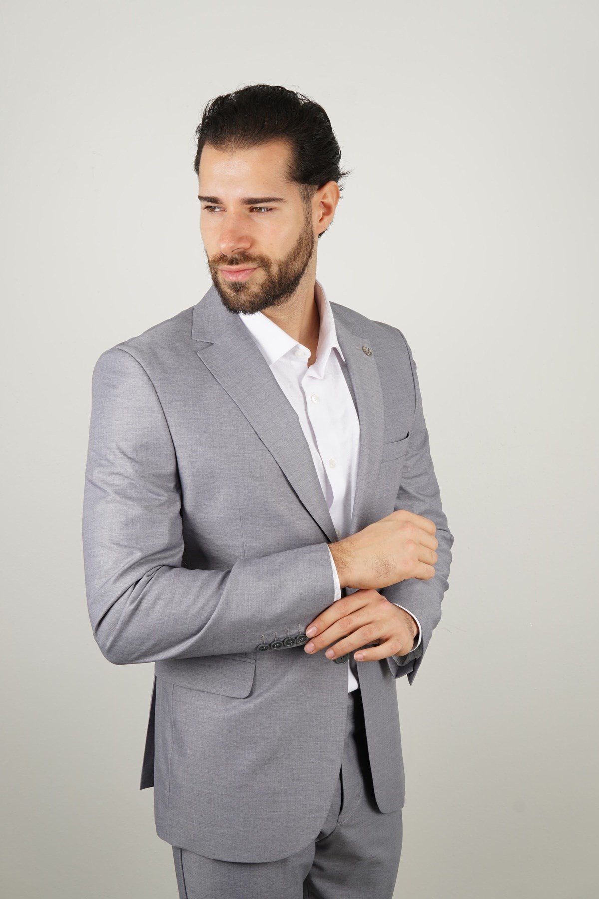 Maserto Gri Takım Elbise Kendinden Desenli