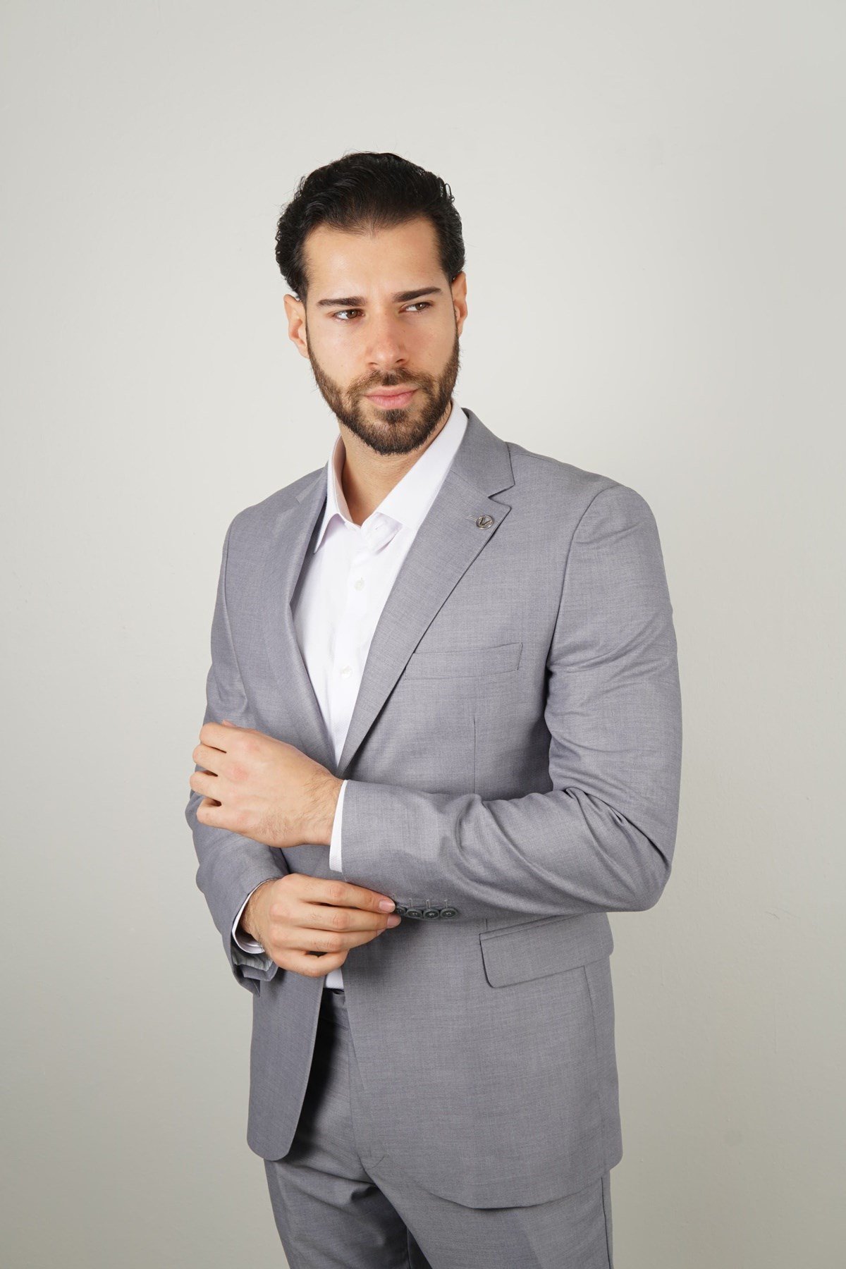 Maserto Gri Takım Elbise Kendinden Desenli