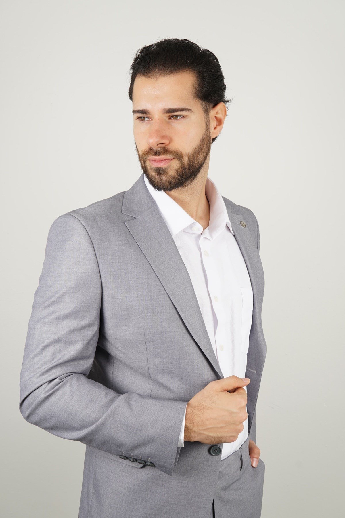 Maserto Gri Takım Elbise Kendinden Desenli