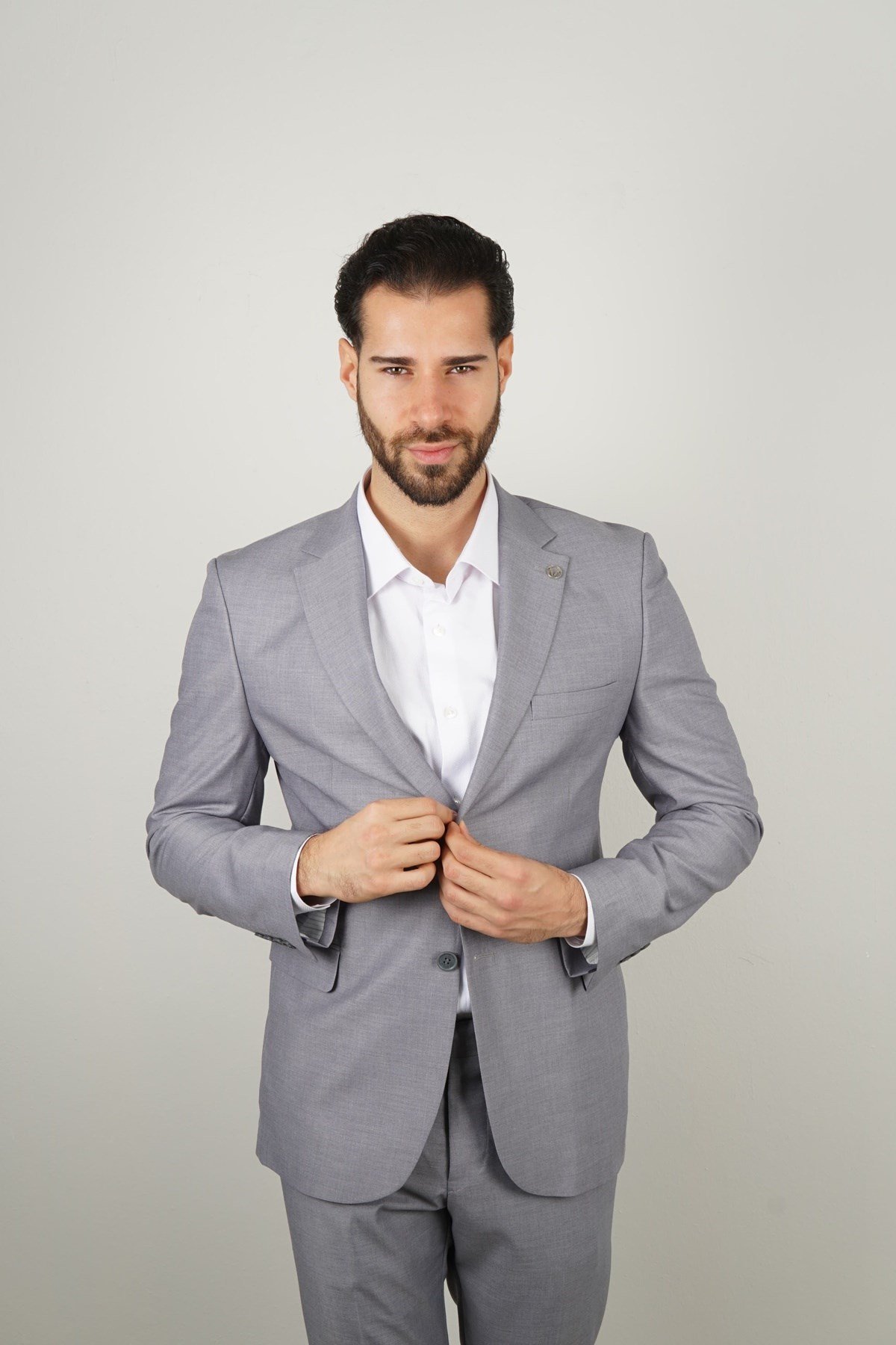 Maserto Gri Takım Elbise Kendinden Desenli