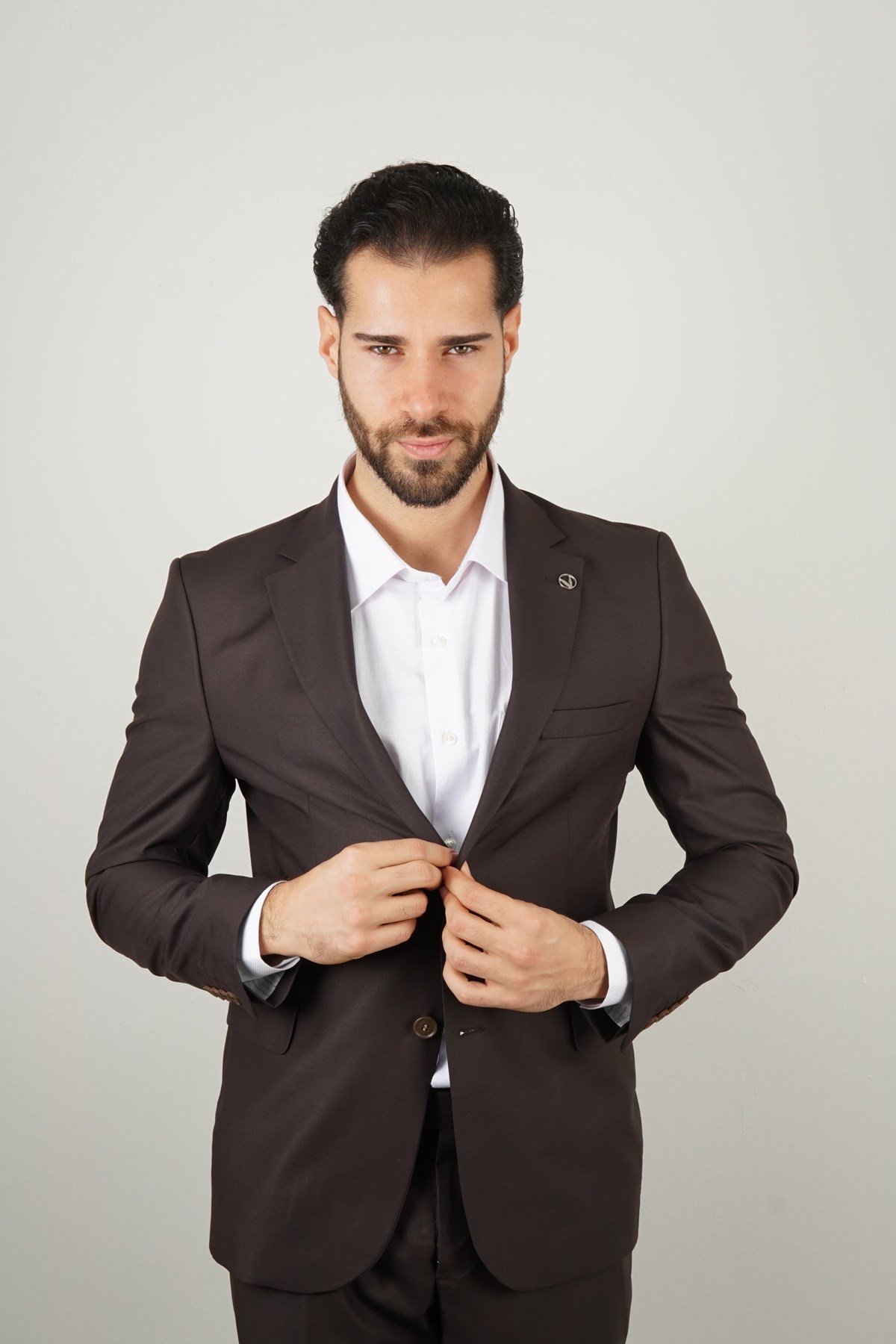 Maserto Kahverengi Takım Elbise Düz Desenli