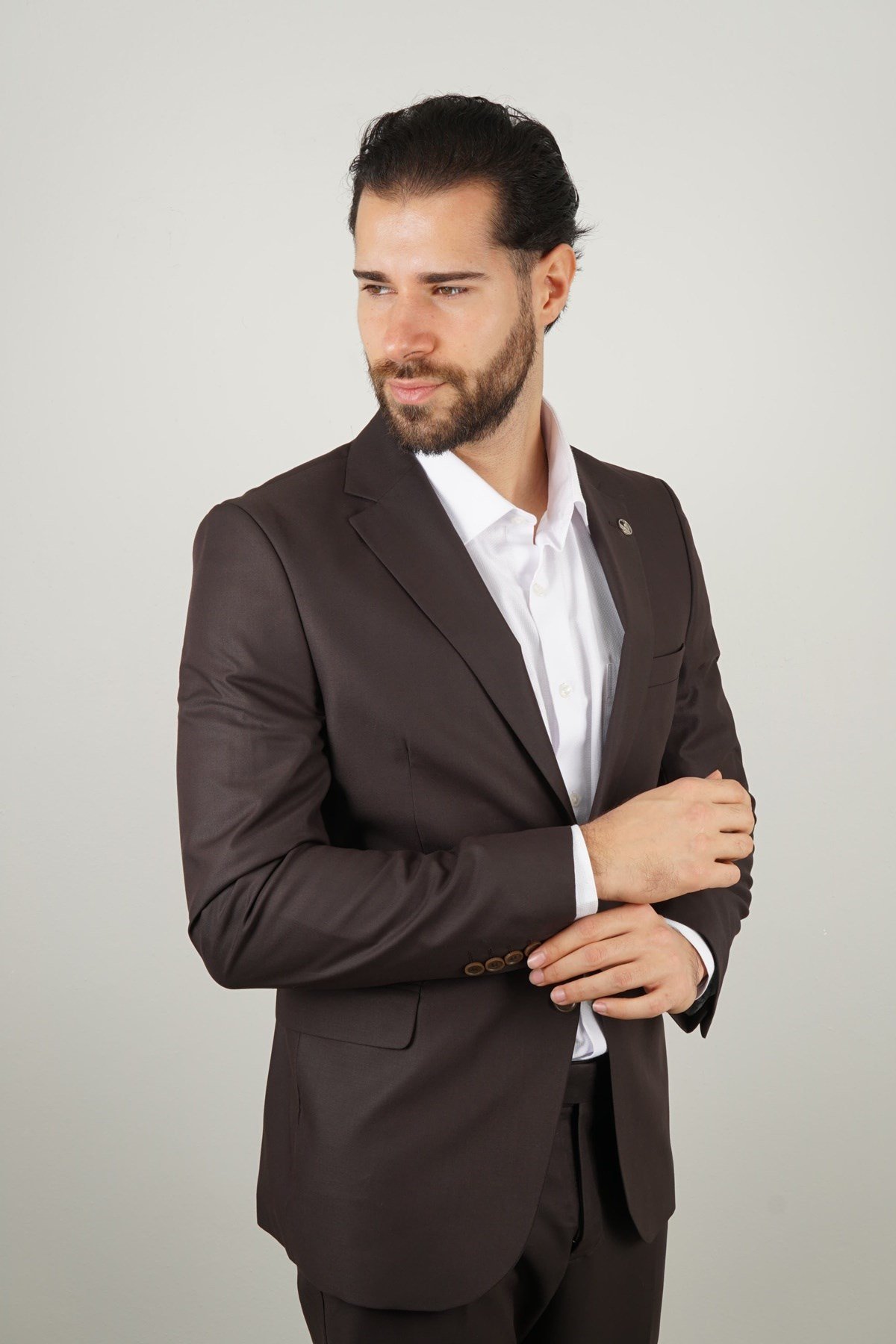 Maserto Kahverengi Takım Elbise Düz Desenli