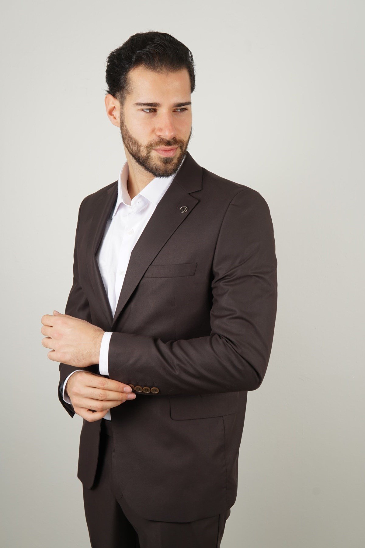 Maserto Kahverengi Takım Elbise Düz Desenli