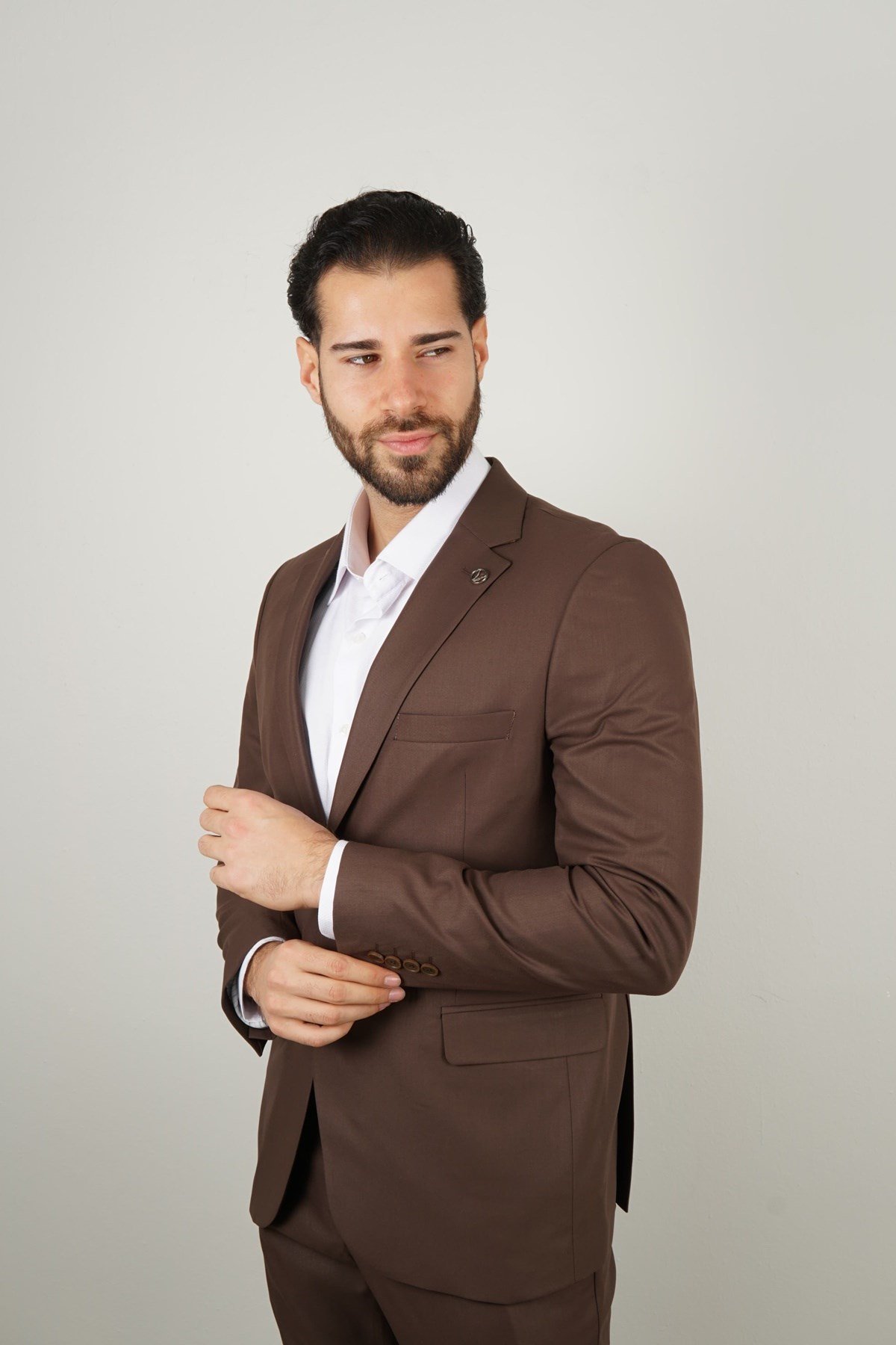 Maserto Kahverengi Takım Elbise Düz Desenli