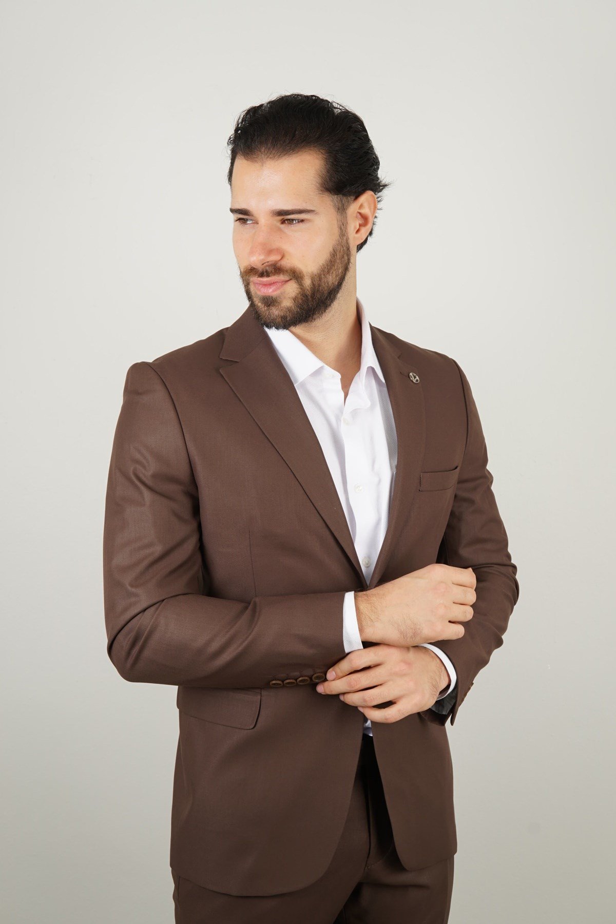 Maserto Kahverengi Takım Elbise Düz Desenli