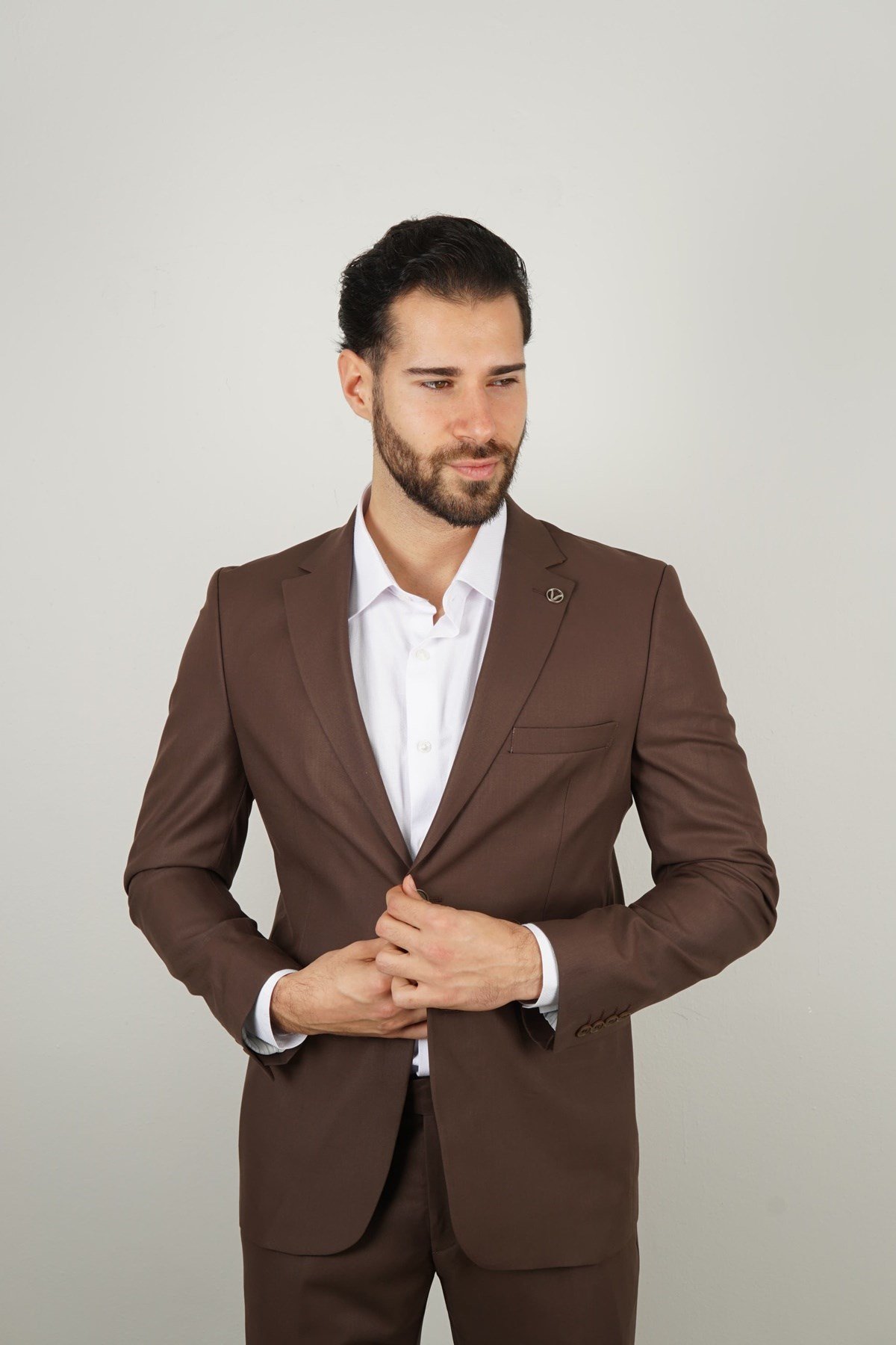 Maserto Kahverengi Takım Elbise Düz Desenli