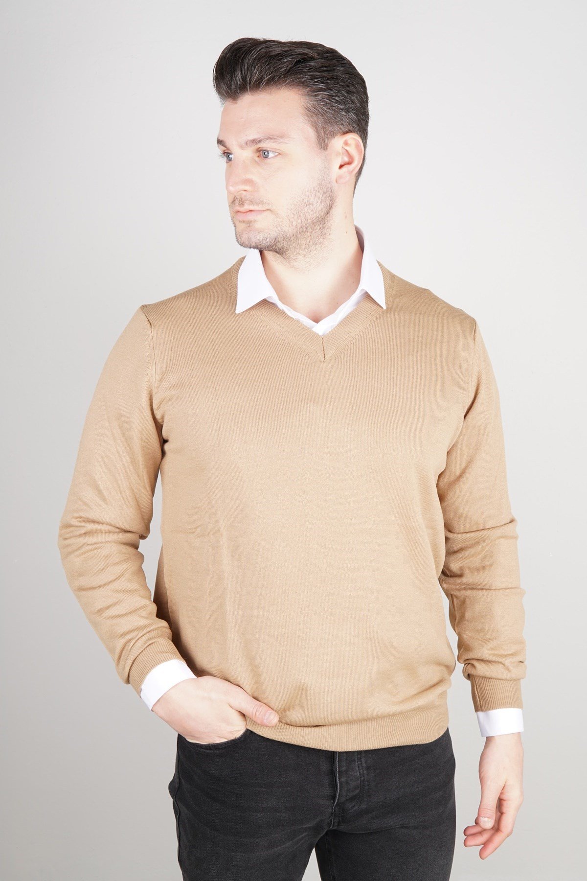 Maserto Krem V Yaka Tüylenmeyen Triko Kazak