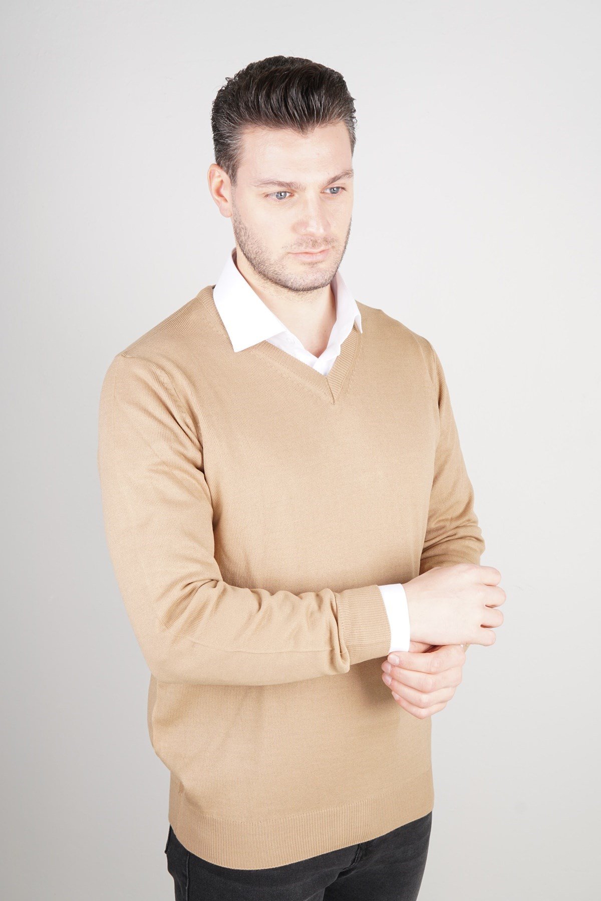 Maserto Krem V Yaka Tüylenmeyen Triko Kazak