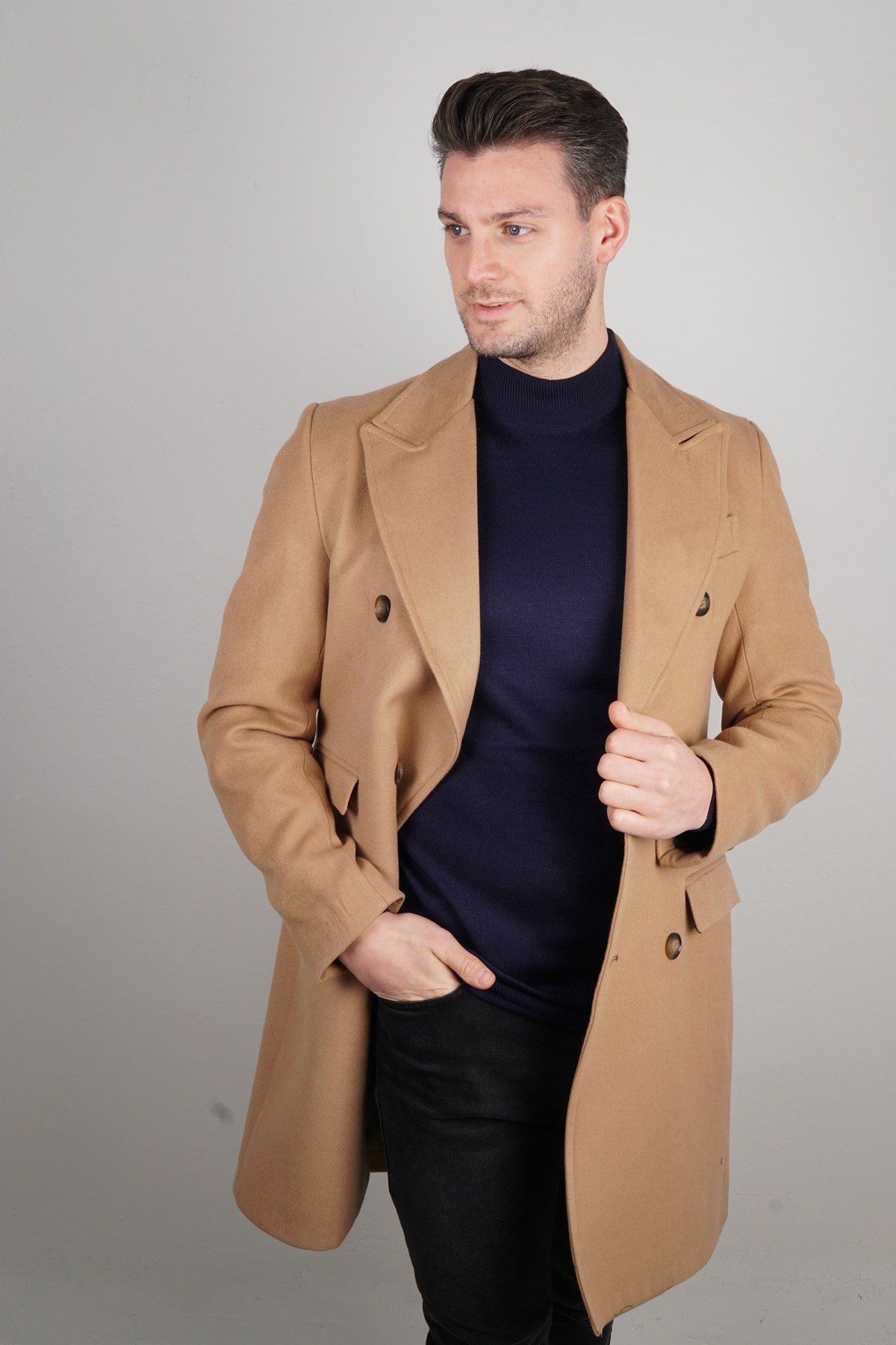 Maserto Kruvaze Kahverengi Erkek Palto Düz Desenli