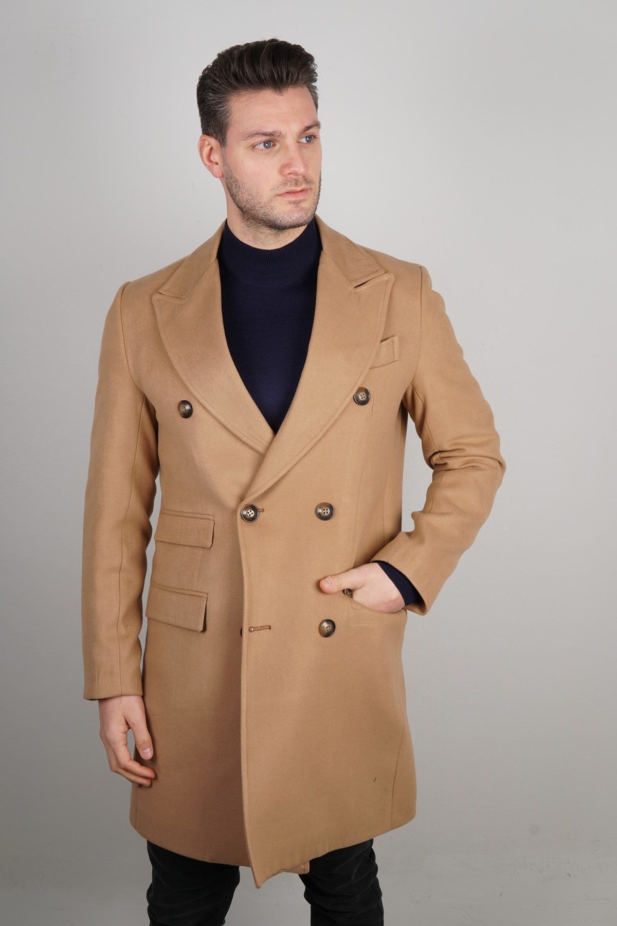 Maserto Kruvaze Kahverengi Erkek Palto Düz Desenli