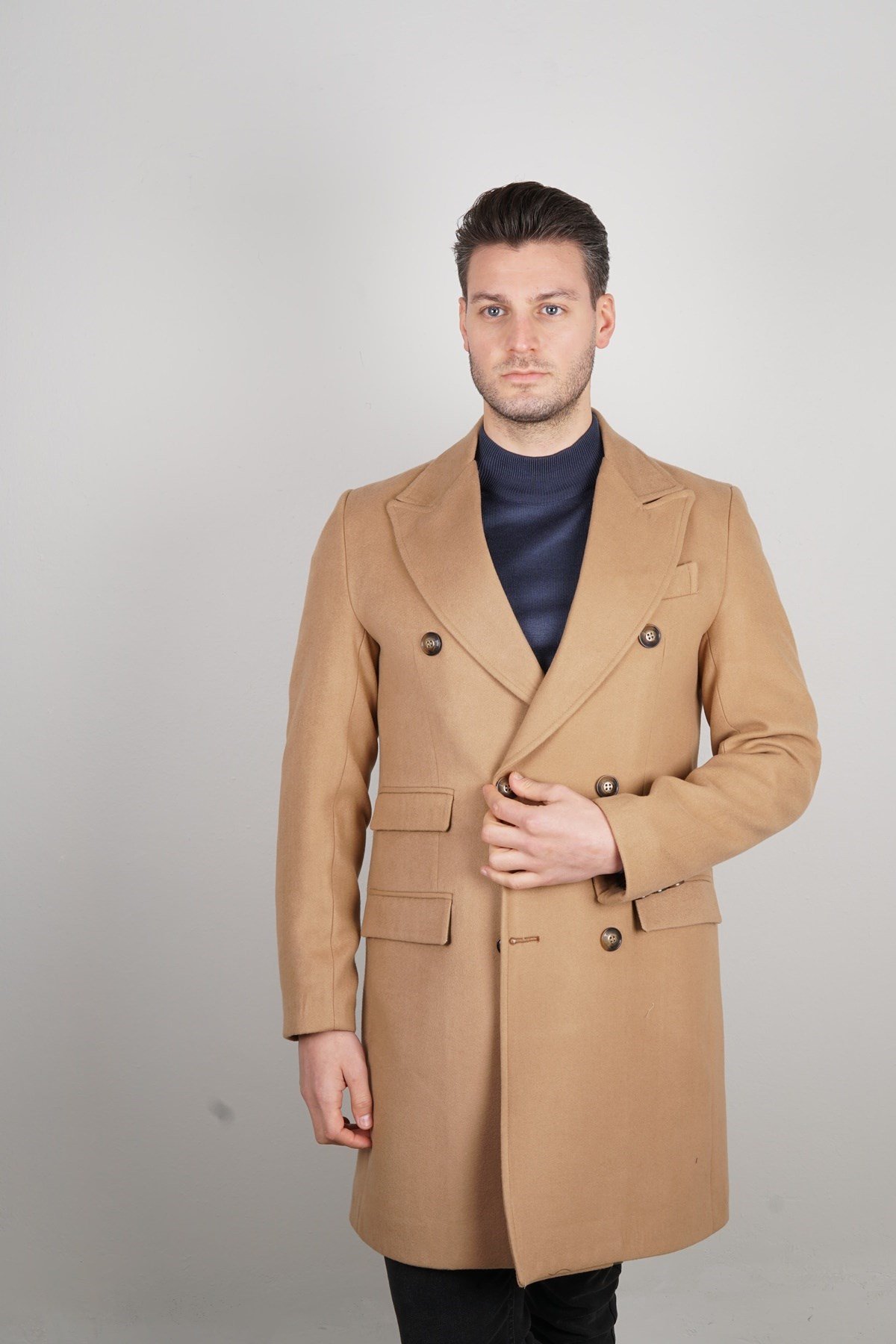 Maserto Kruvaze Kahverengi Erkek Palto Düz Desenli