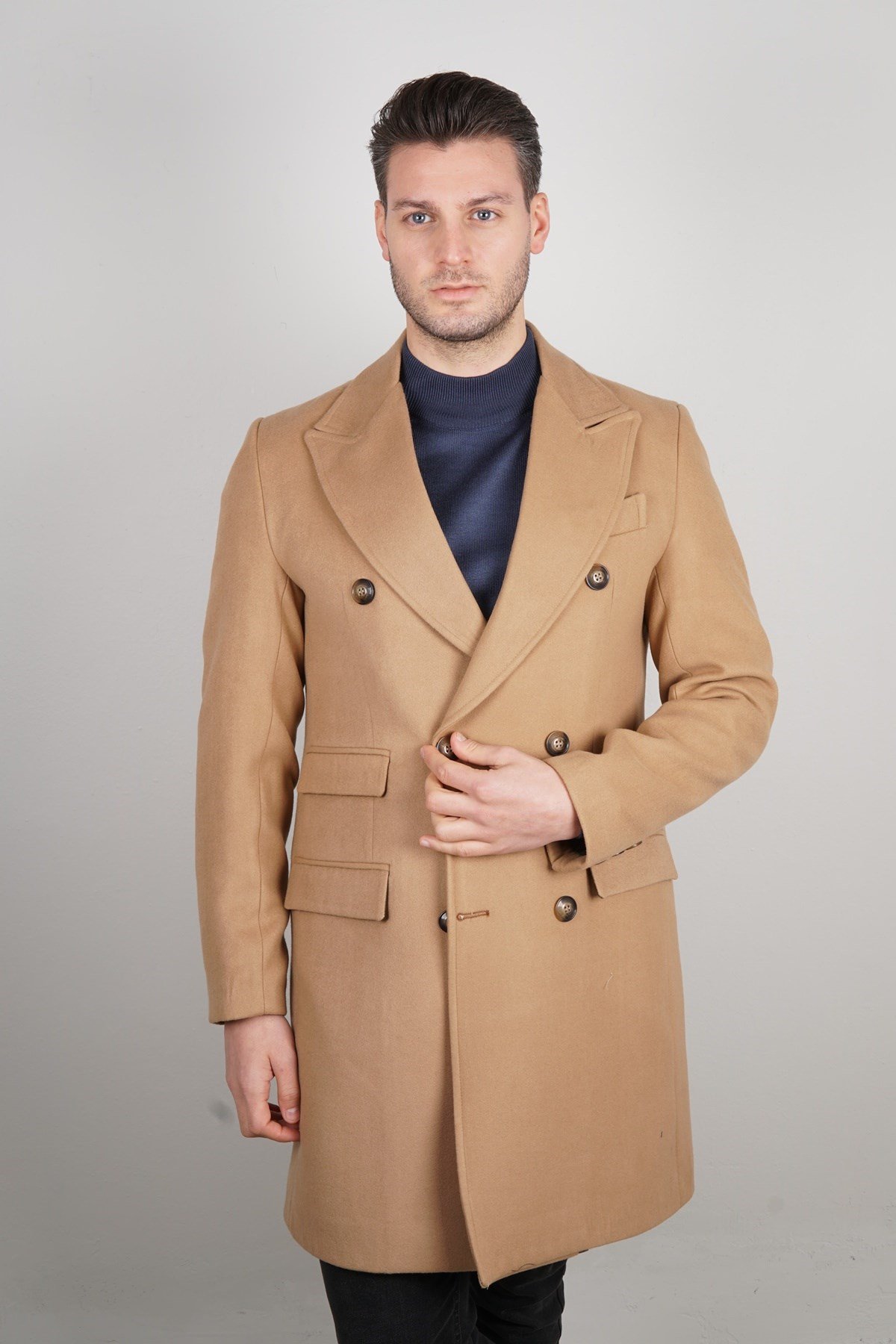 Maserto Kruvaze Kahverengi Erkek Palto Düz Desenli