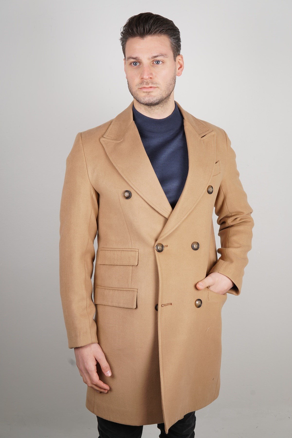 Maserto Kruvaze Kahverengi Erkek Palto Düz Desenli