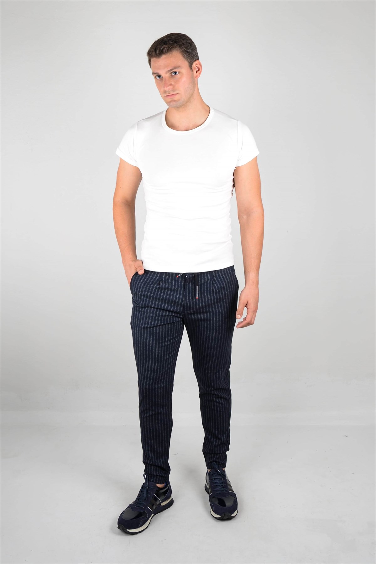 Maserto Lacivert Pantolon Çizgili Desenli