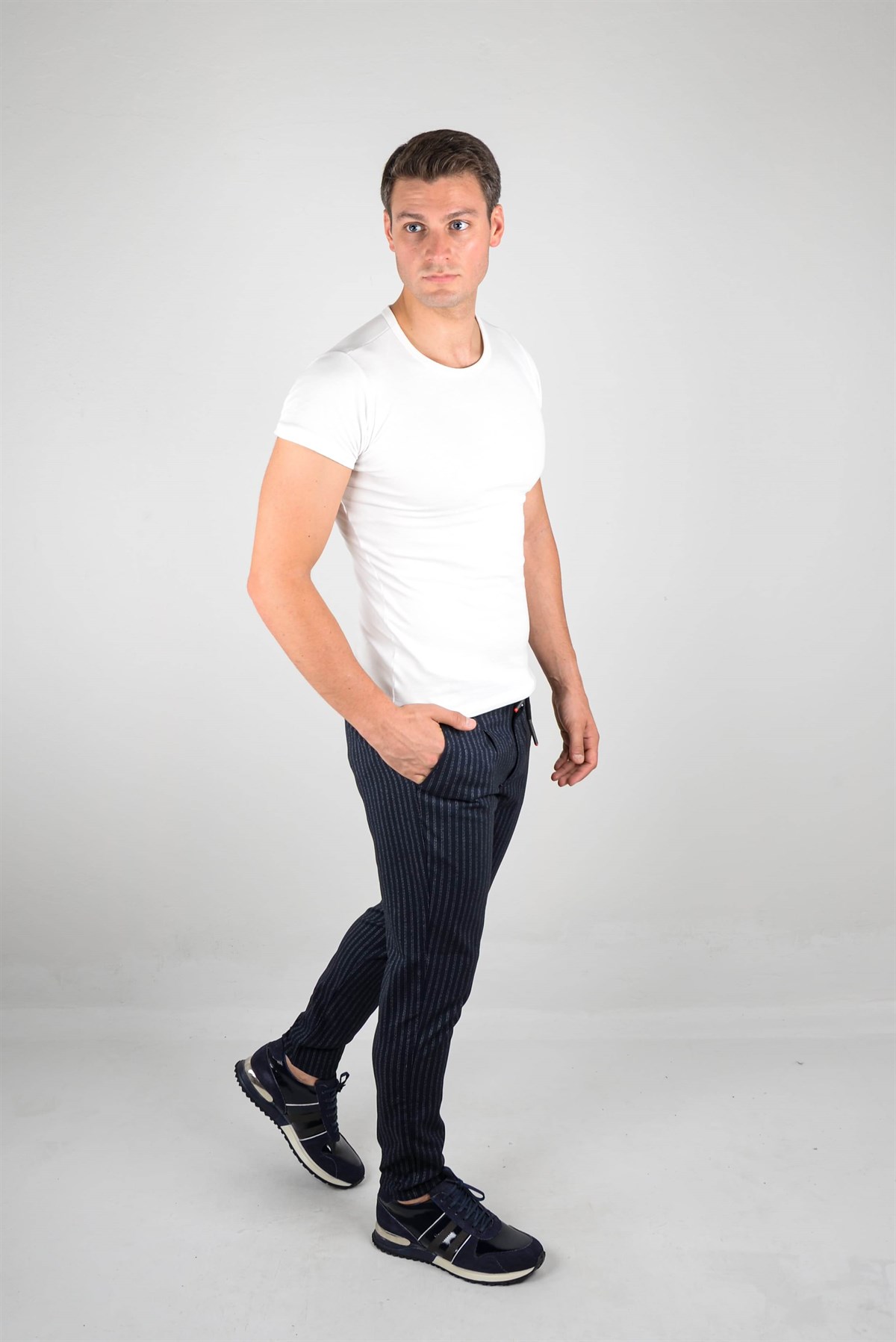 Maserto Lacivert Pantolon Çizgili Desenli