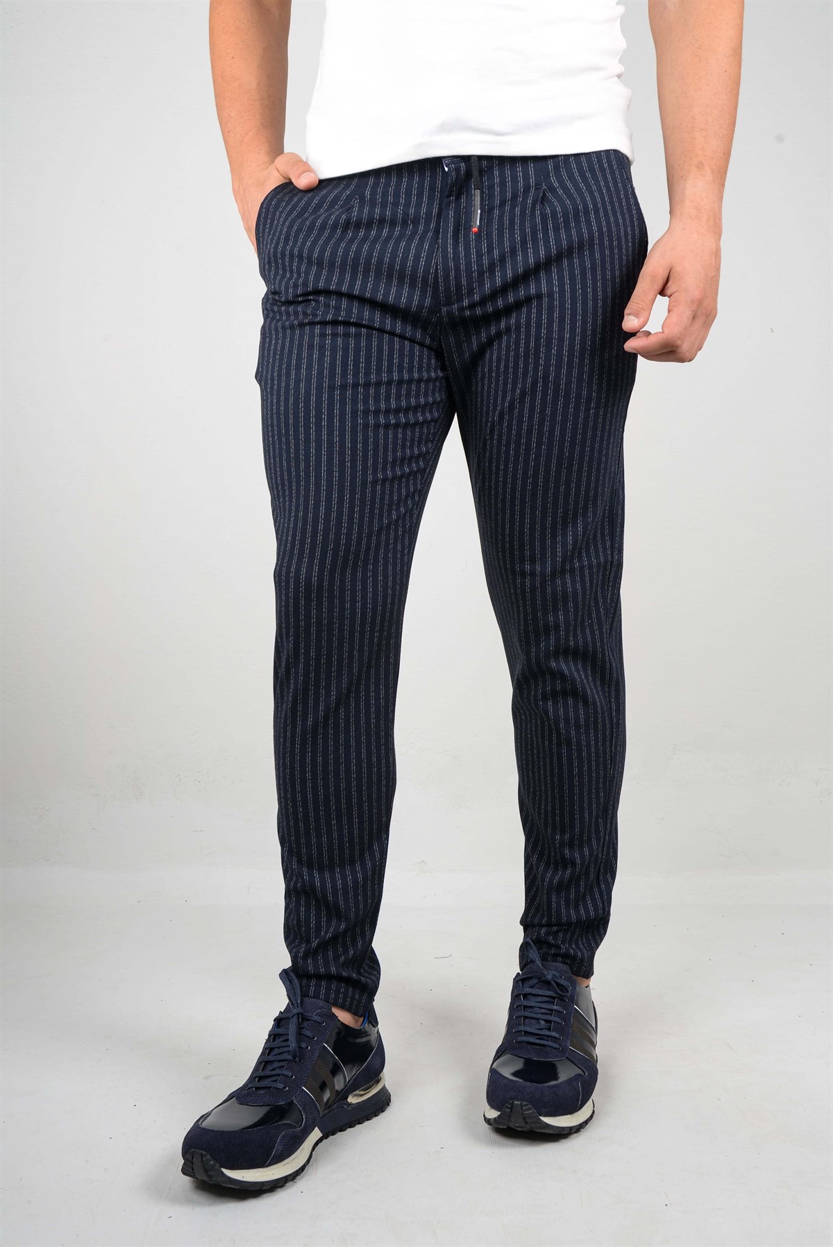 Maserto Lacivert Pantolon Çizgili Desenli