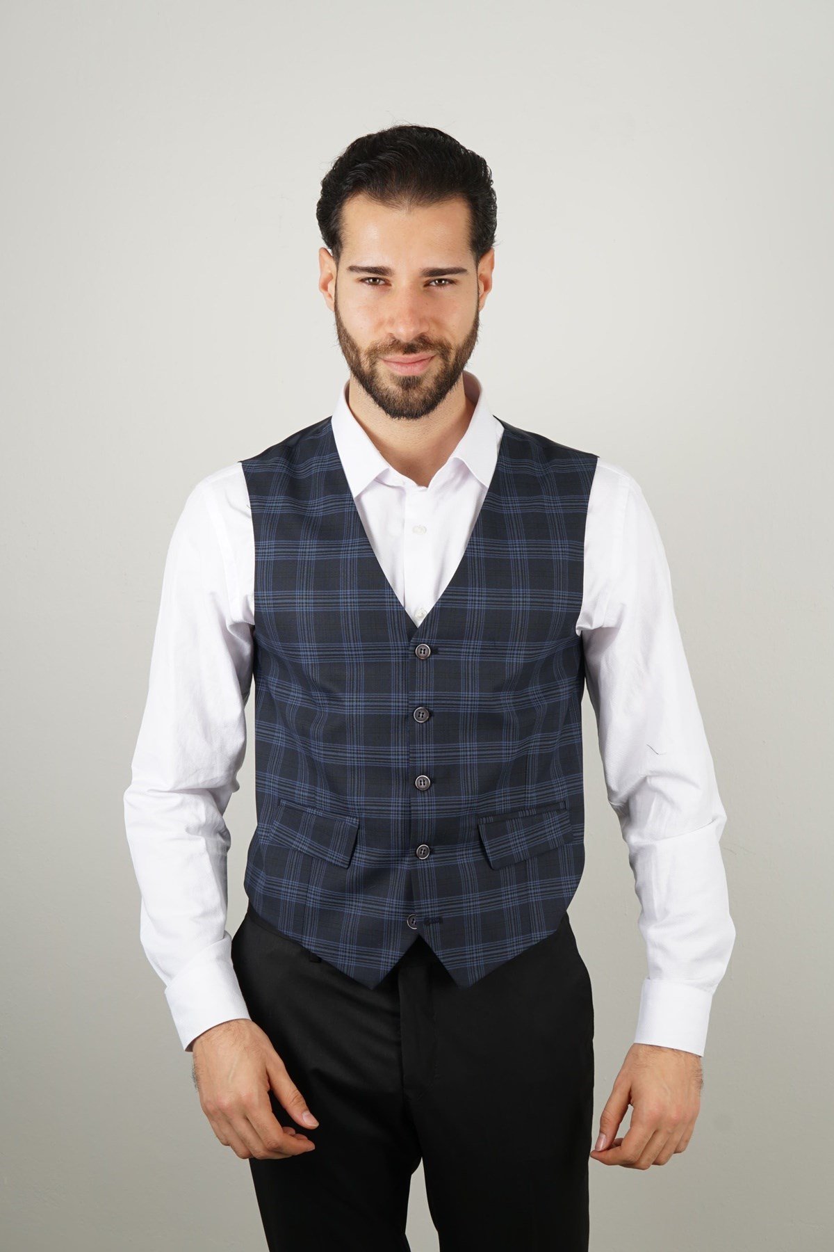 Maserto Navy Blue Slim Fit Vest Striped Patterned