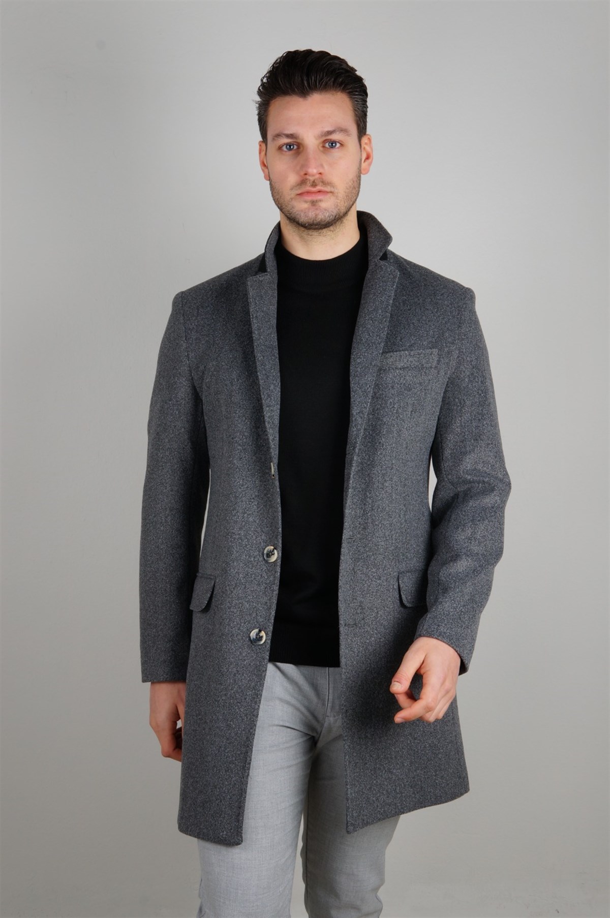 Maserto Mono Yaka Gri Kaban Düz Desenli